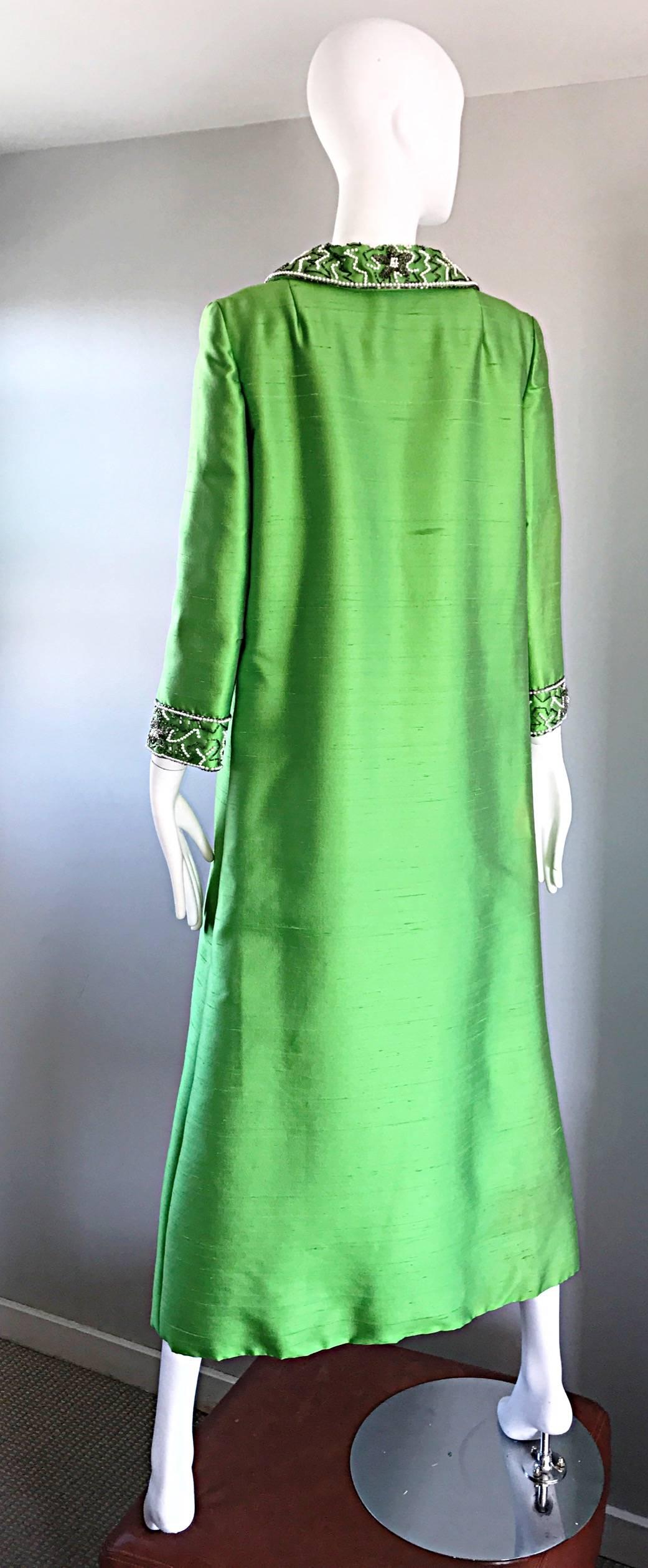 Amazing 1960s Vintage Green Silk Shantung Beaded Long Evening Opera Coat Jacket 1