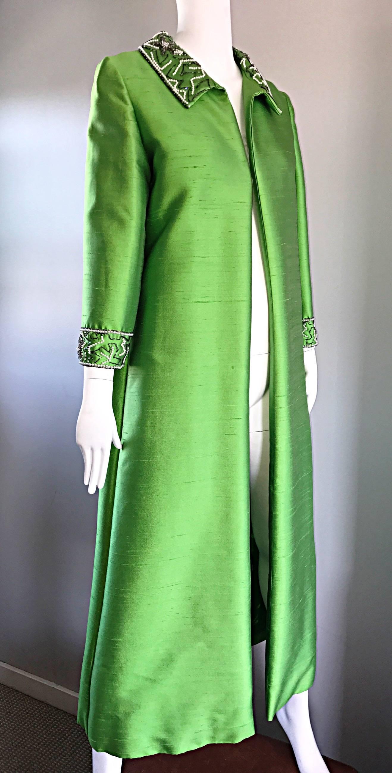 Amazing 1960s Vintage Green Silk Shantung Beaded Long Evening Opera Coat Jacket 2