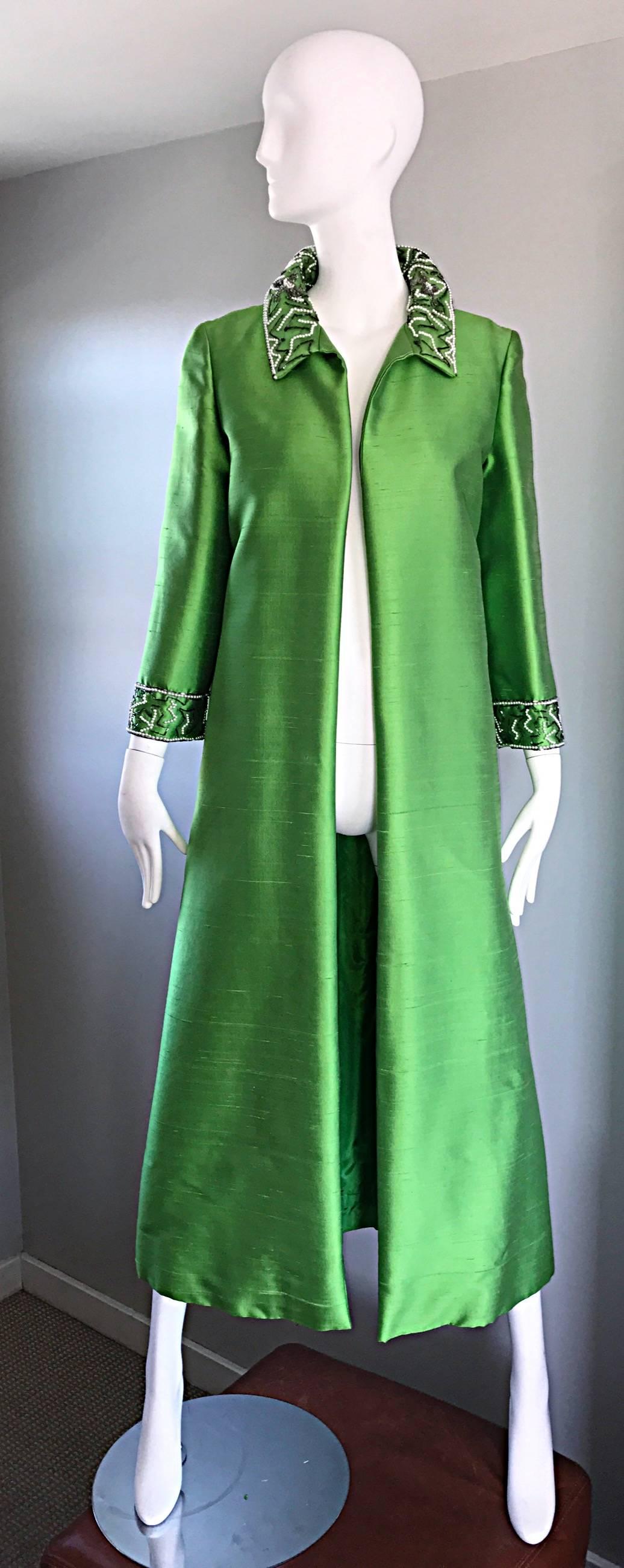 Amazing 1960s Vintage Green Silk Shantung Beaded Long Evening Opera Coat Jacket 3