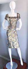 1950s Peggy Barton Couture Larger Size Gold + Blue Silk Brocade 50s Wiggle Dress
