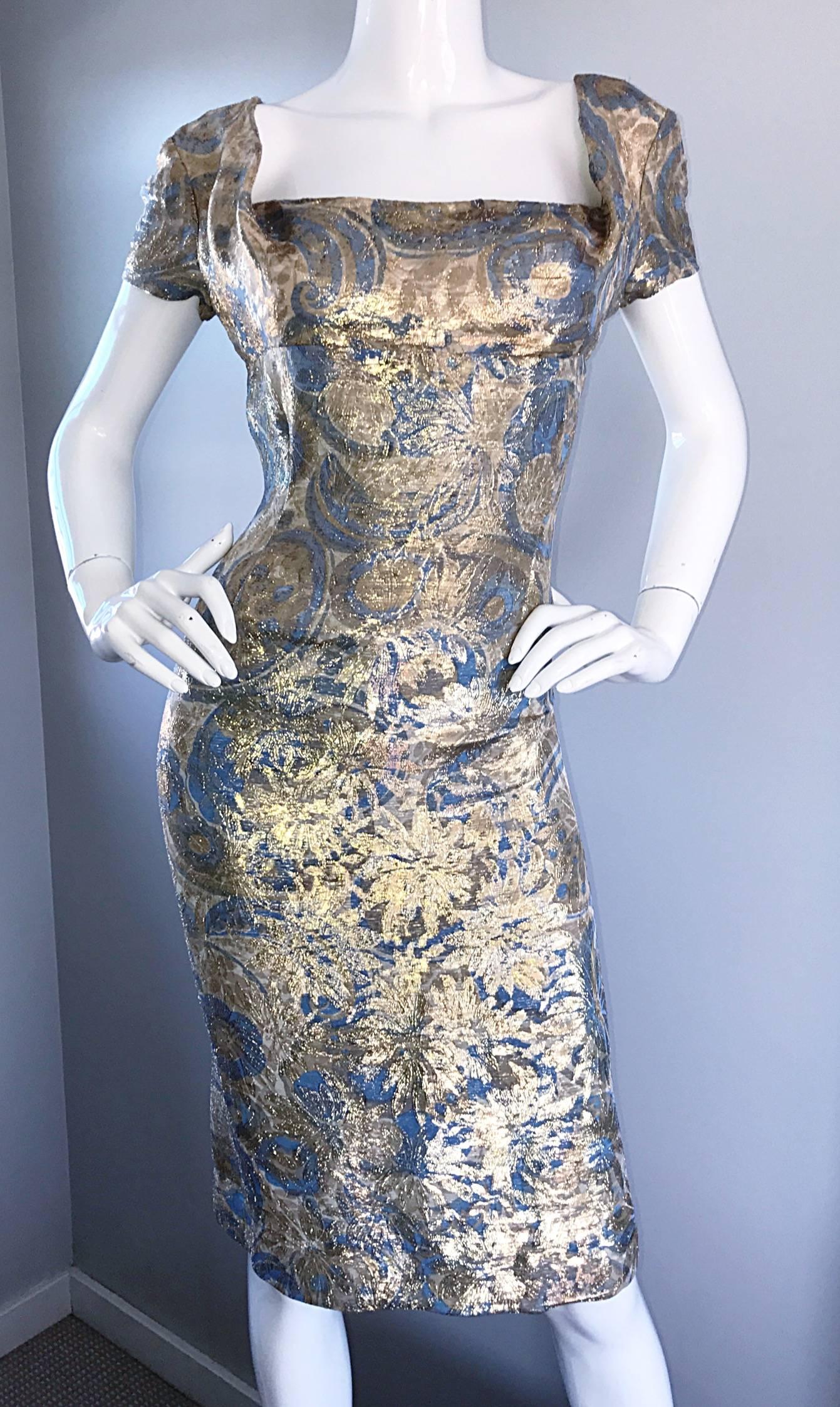 1950s Peggy Barton Couture Larger Size Gold + Blue Silk Brocade 50s Wiggle Dress In Excellent Condition In San Diego, CA