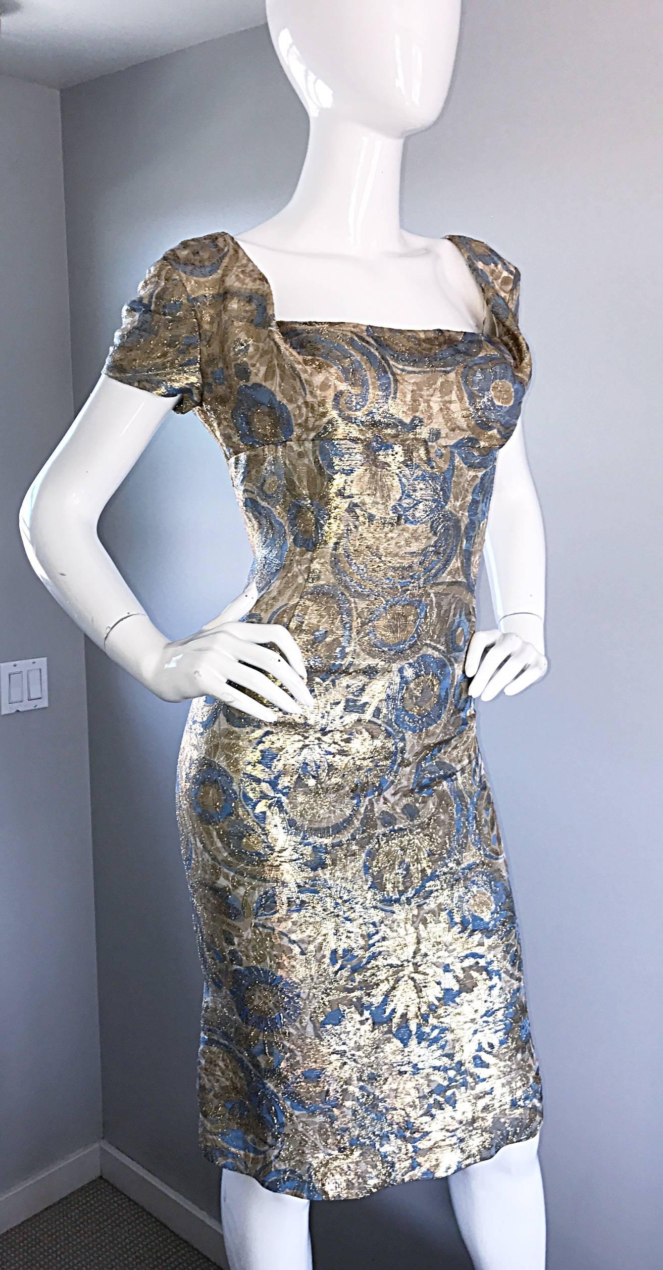 Women's 1950s Peggy Barton Couture Larger Size Gold + Blue Silk Brocade 50s Wiggle Dress