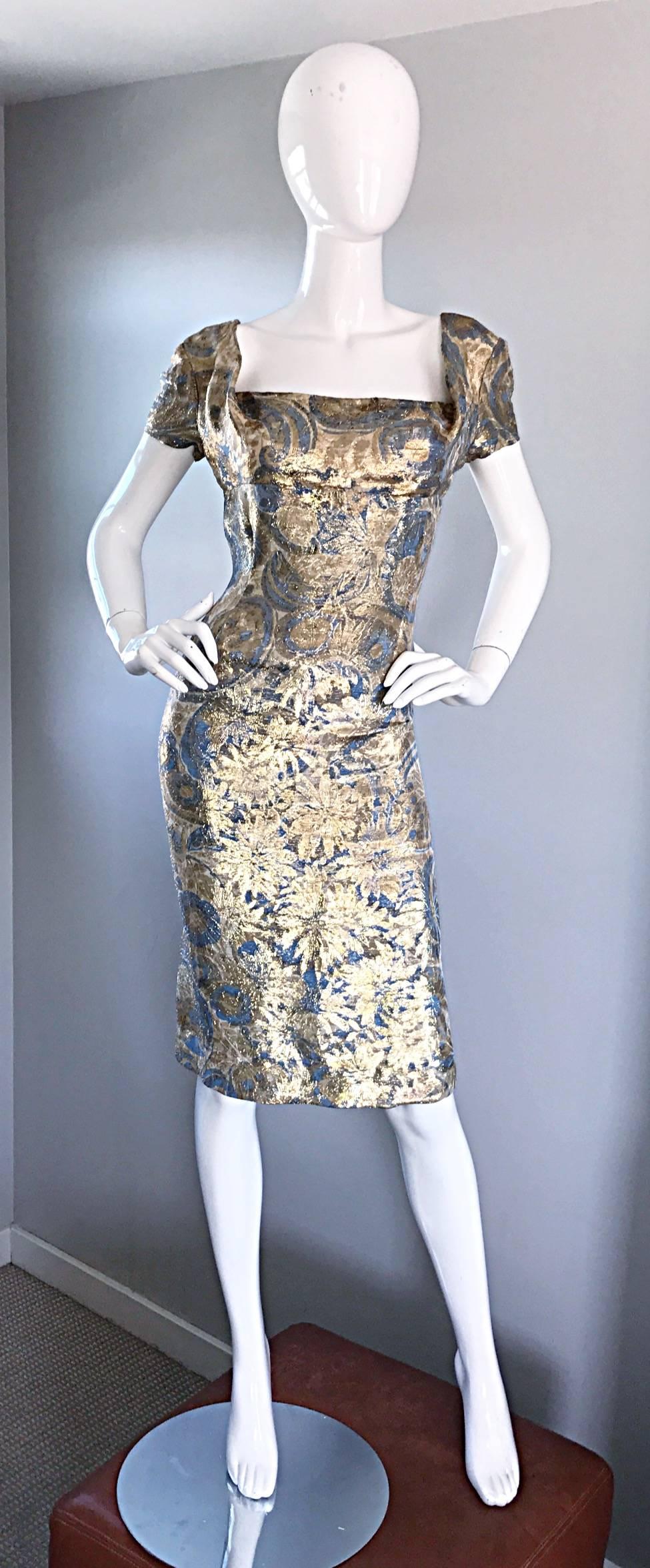 1950s Peggy Barton Couture Larger Size Gold + Blue Silk Brocade 50s Wiggle Dress 1