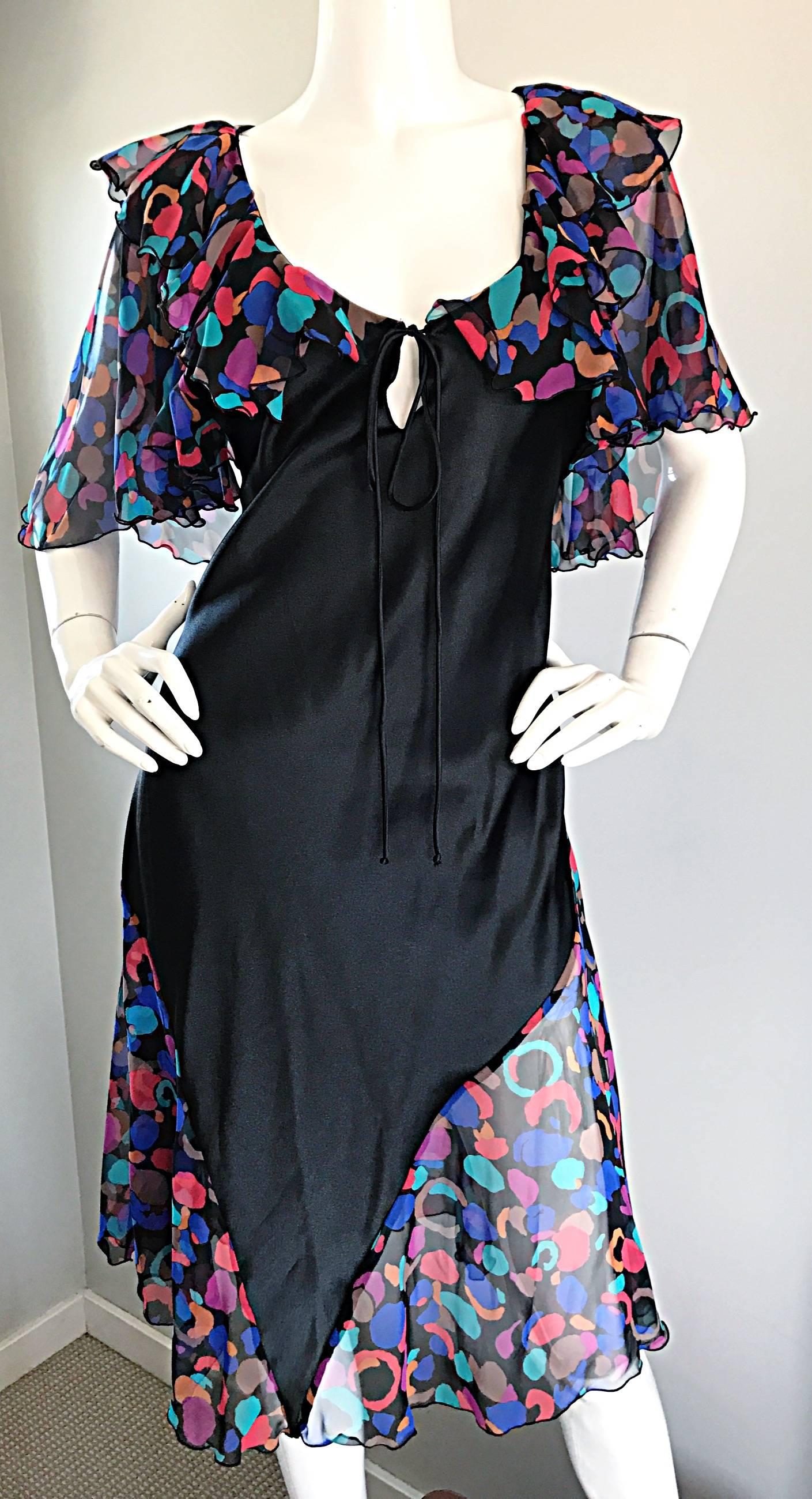 Bob Mackie - Robe noire semi-transparente à volants dans le dos, vintage, bohème, colorée, années 1980 Pour femmes en vente