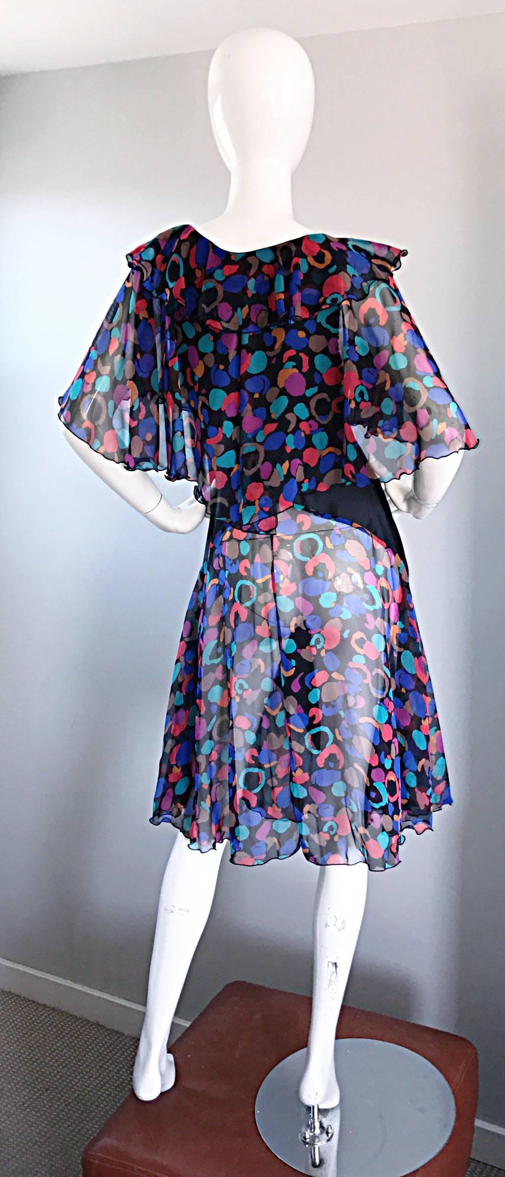 Bob Mackie Vintage 1980s Boho Colorful Black Semi Sheer Back Ruffle 80s Dress In Excellent Condition For Sale In San Diego, CA