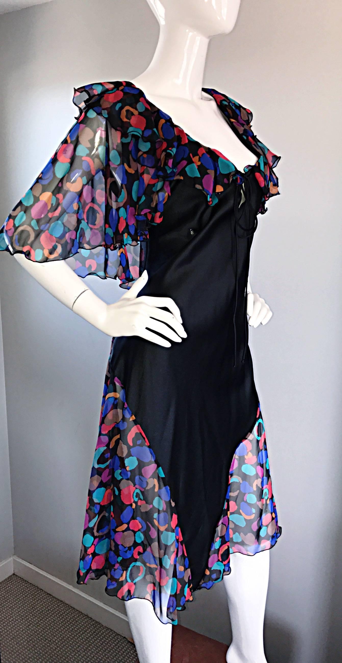 Women's Bob Mackie Vintage 1980s Boho Colorful Black Semi Sheer Back Ruffle 80s Dress For Sale