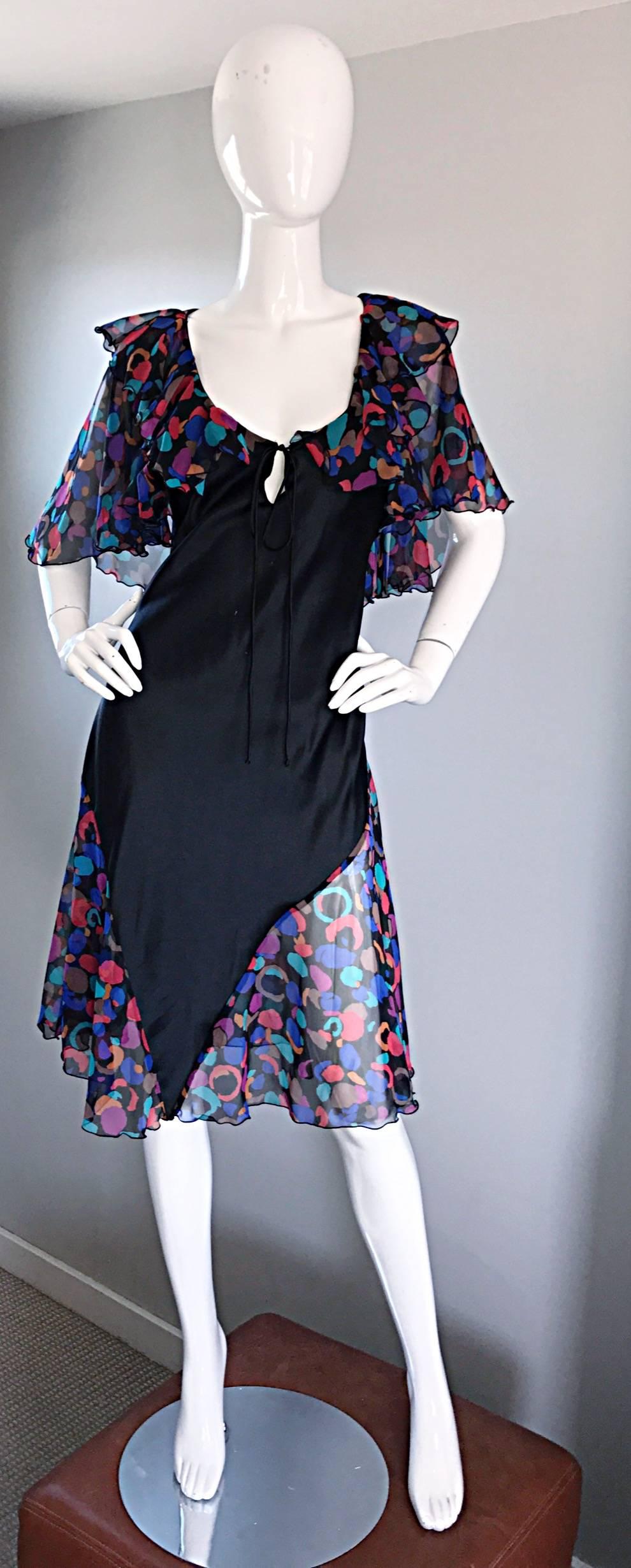 Bob Mackie Vintage 1980s Boho Colorful Black Semi Sheer Back Ruffle 80s Dress For Sale 2