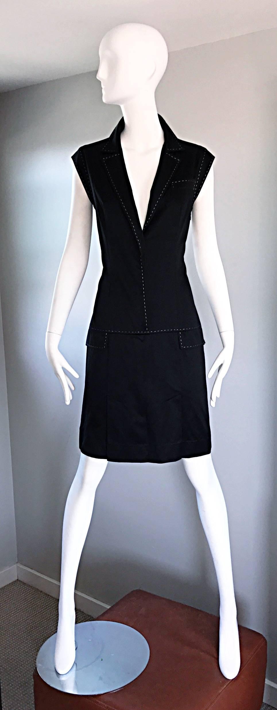 Sexy, yet classic vintage GIVENCHY by ALEXANDER MCQUEEN black and white cotton shift shirt dress! Features a deep v-neck that reveals just the right amount of cleavage. Hand-sewn white stitching throughout. Collar looks great popped up (as