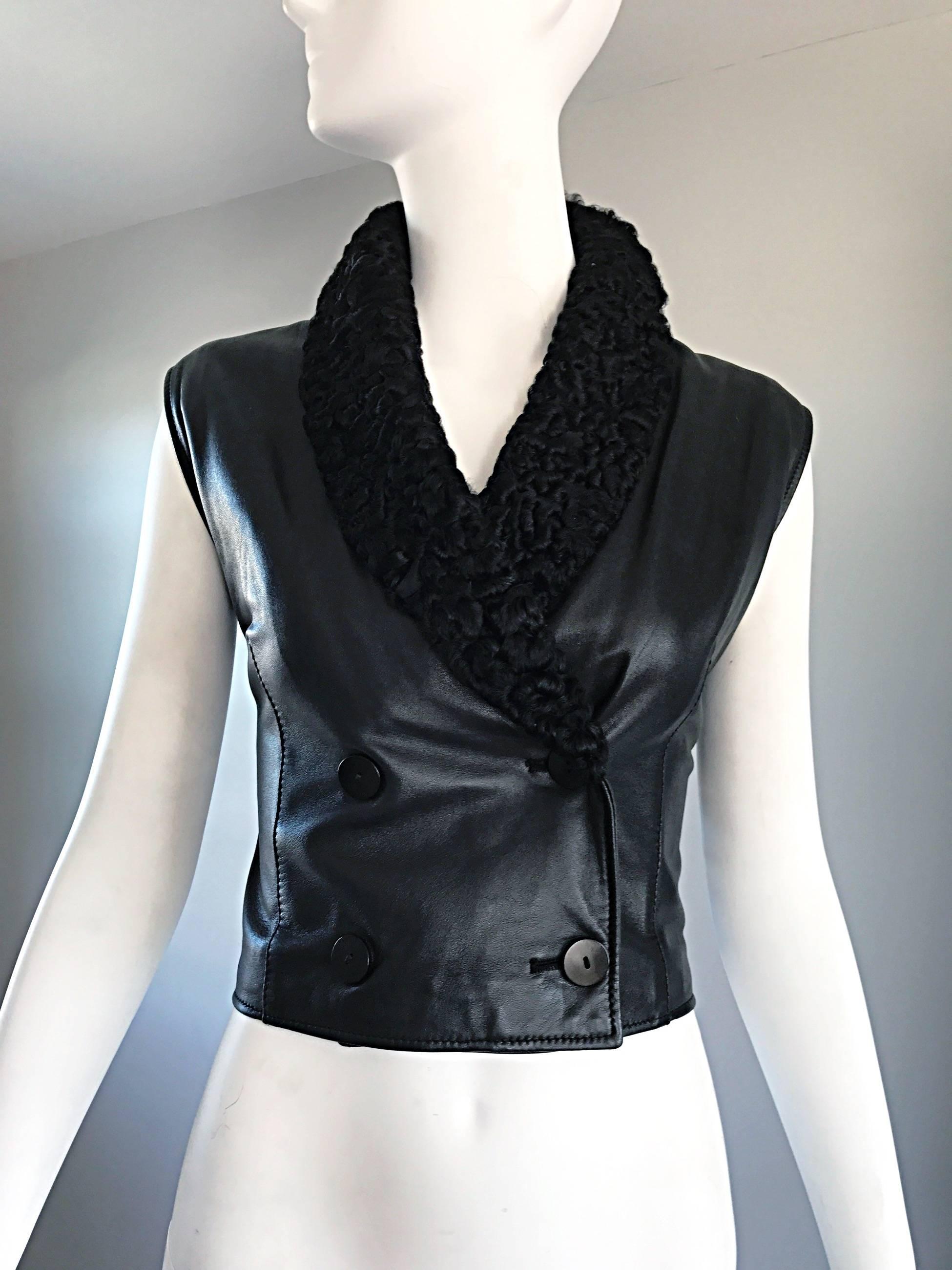 Valentino Vintage Black Leather + Persian Lamb Fur Double Breasted 1980s Vest  In Excellent Condition For Sale In San Diego, CA