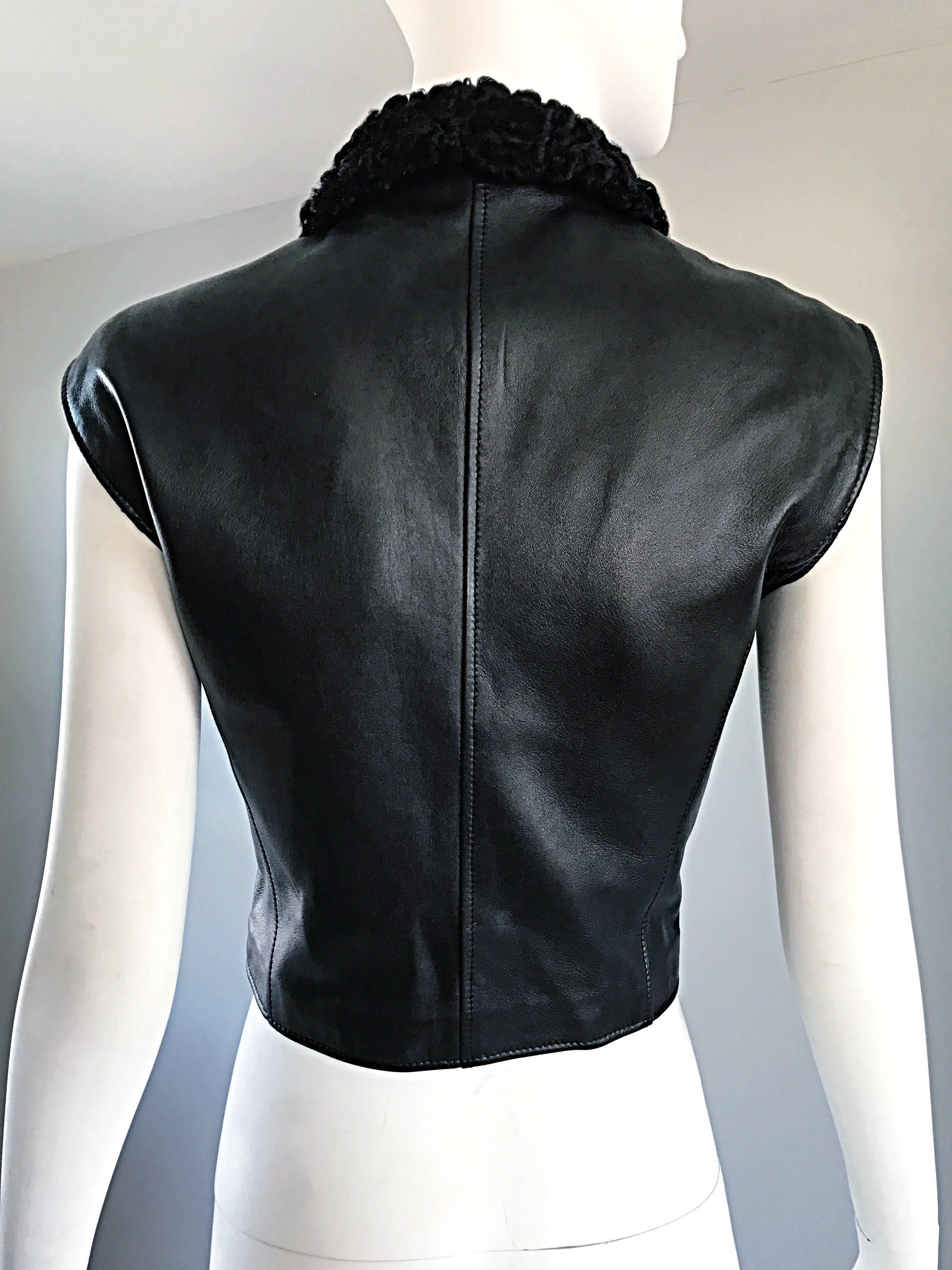 Valentino Vintage Black Leather + Persian Lamb Fur Double Breasted 1980s Vest  For Sale 1