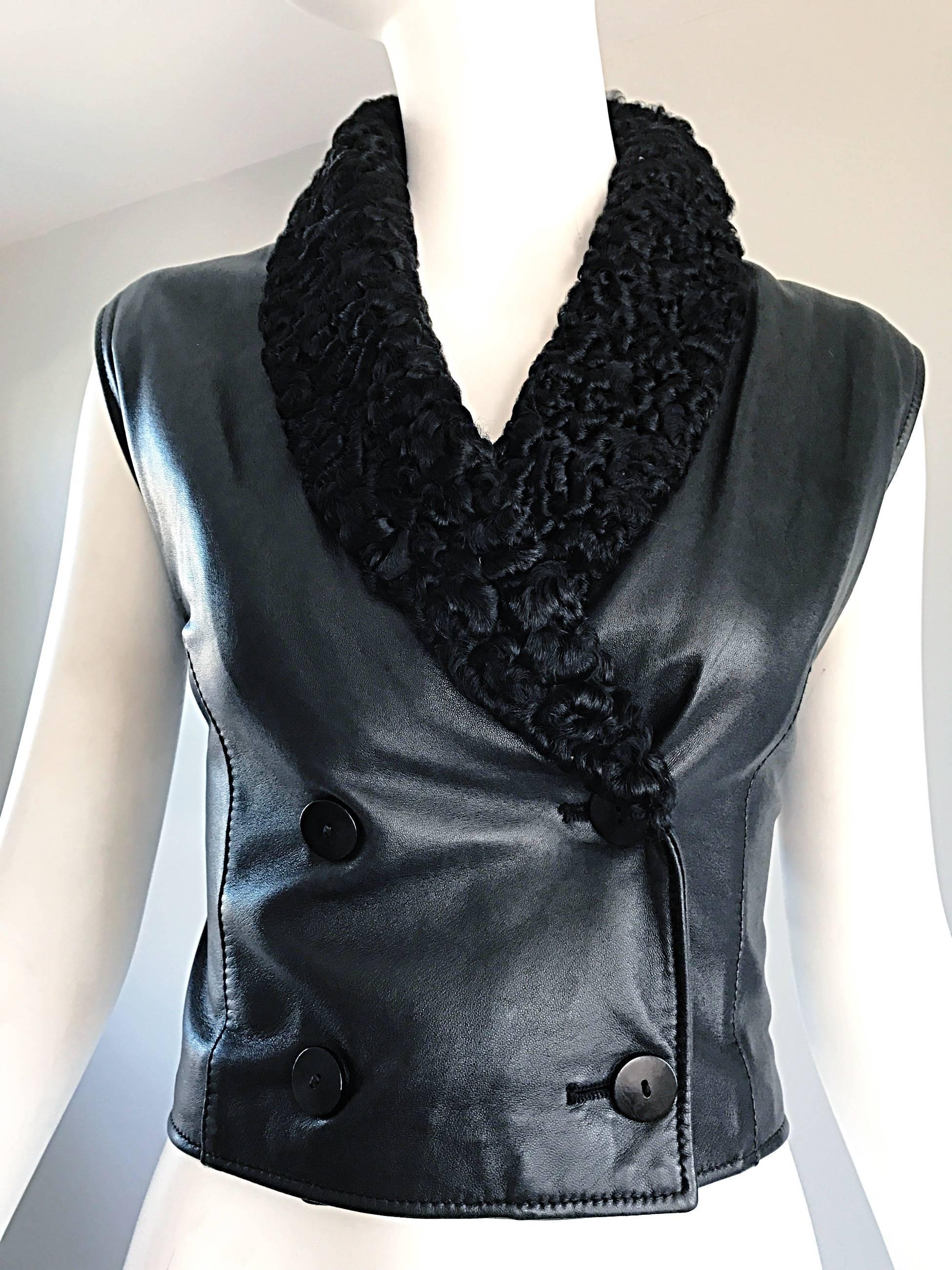 Valentino Vintage Black Leather + Persian Lamb Fur Double Breasted 1980s Vest  For Sale 2