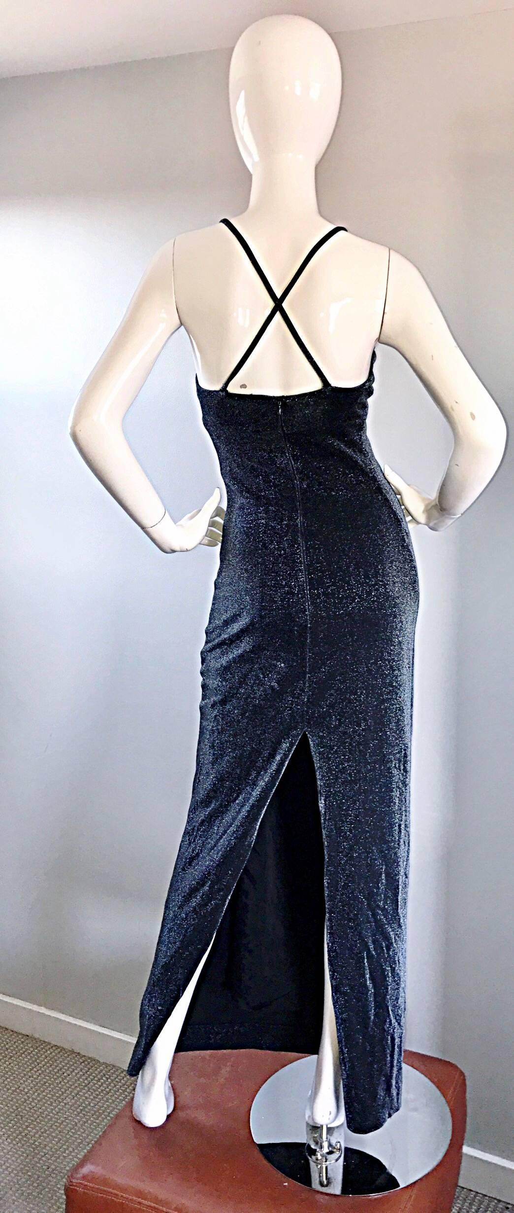 Women's Vintage Gianni Versace Versus 1990s Metallic Gunmetal Gray Bodycon Gown / Dress 