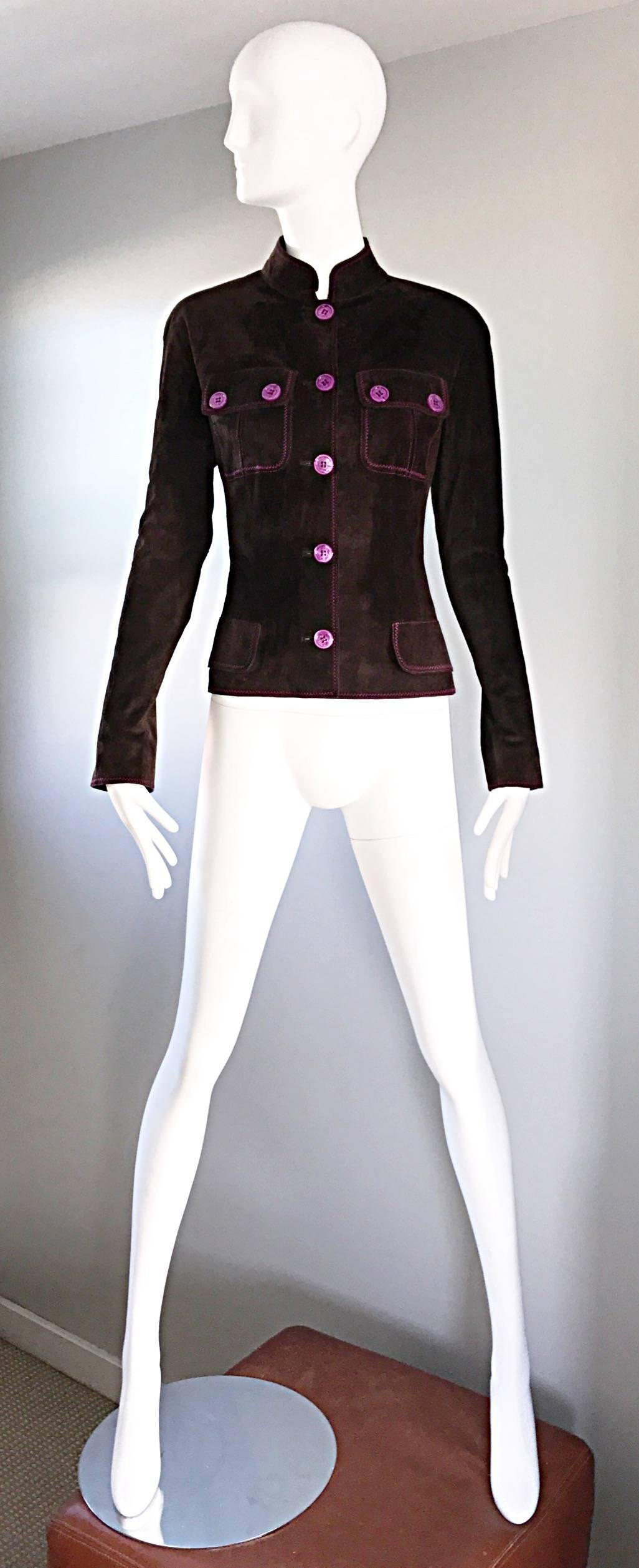 Chic vintage 90s EMANUEL UNGARO cattle skin leather suede Moto jacket! Rich chocolate brown color, with purple / fuchsia pink buttons and stitching details. Slim tailored and fits like a dream! Four pockets on the front. Buttons up the front.