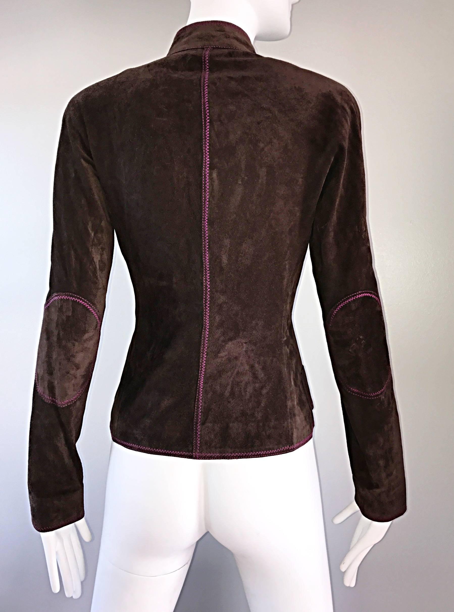 Black 1990s Emanuel Ungaro Leather Suede Chocolate Brown + Purple Vintage Moto Jacket
