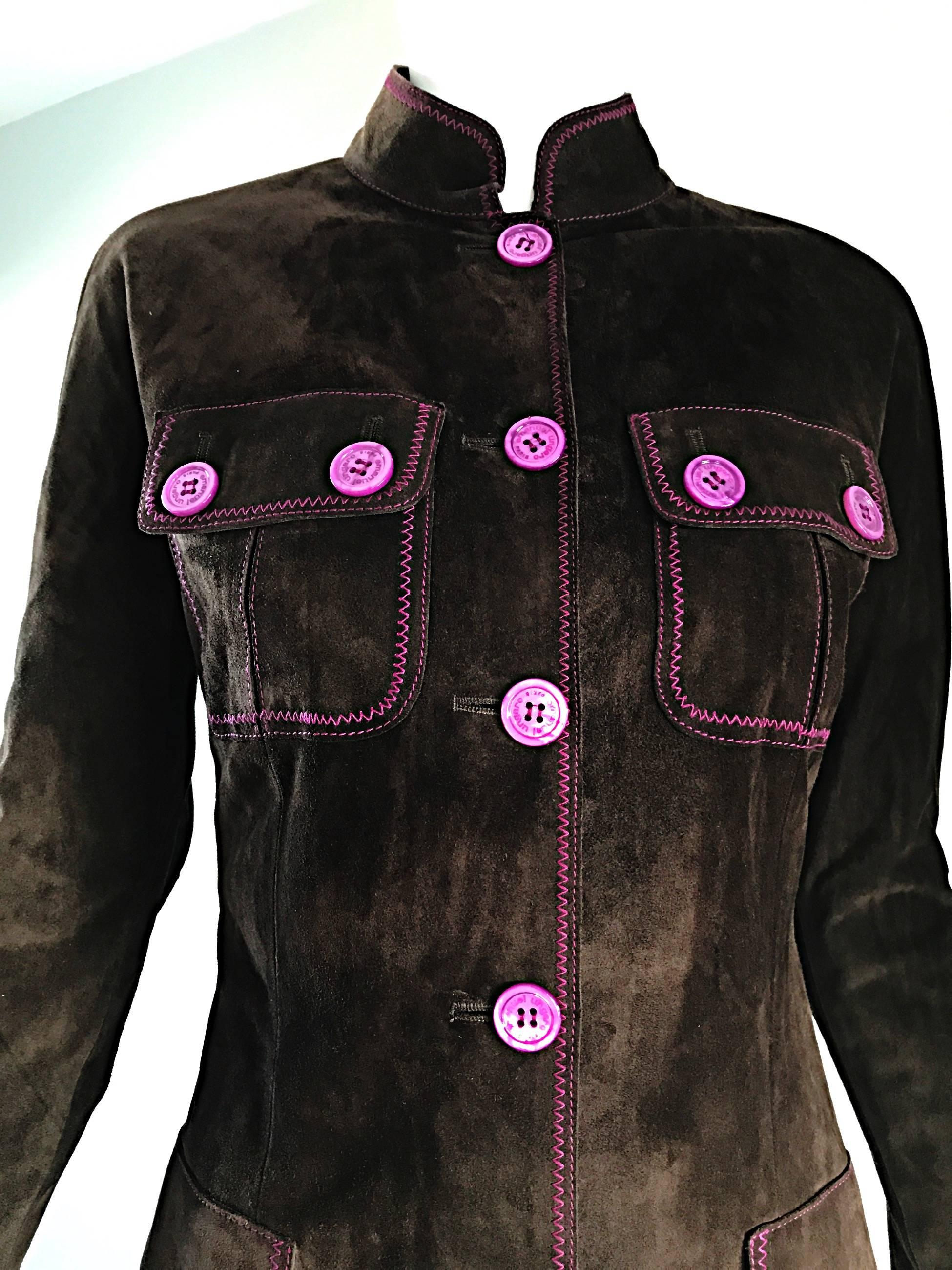 Women's 1990s Emanuel Ungaro Leather Suede Chocolate Brown + Purple Vintage Moto Jacket