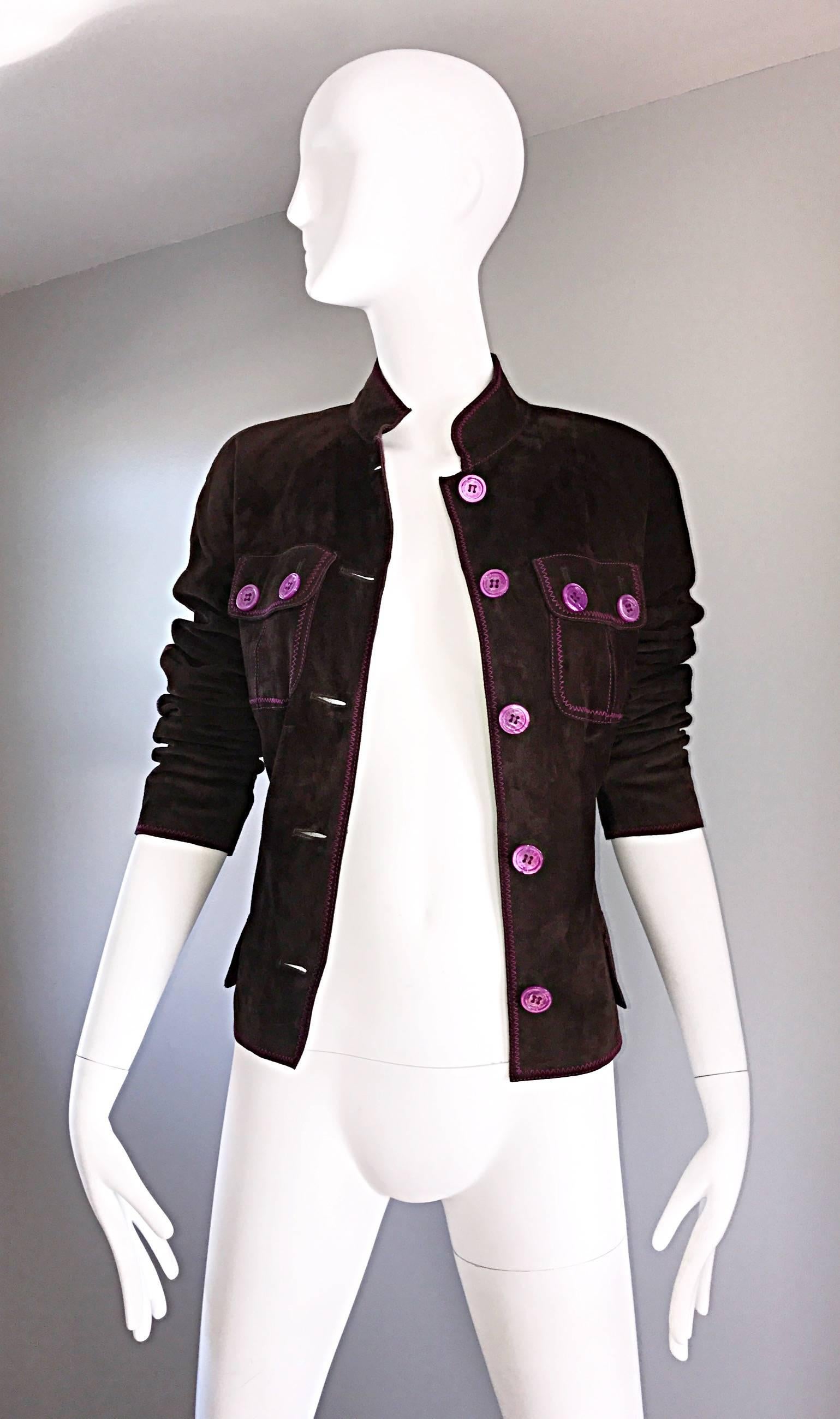 1990s Emanuel Ungaro Leather Suede Chocolate Brown + Purple Vintage Moto Jacket 1