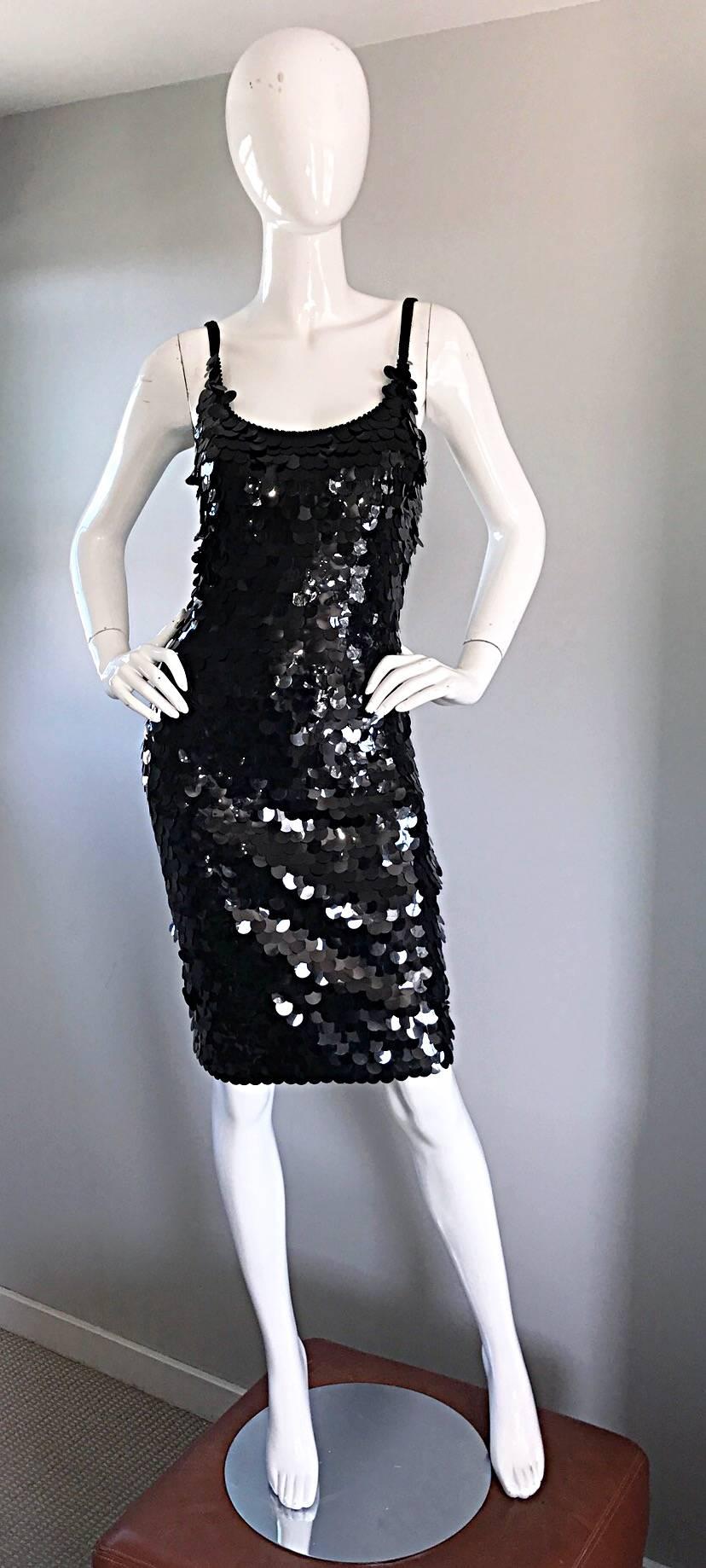 Sexy 1990s 90s SAKS 5th AVE. fully sequined / pailletes and beaded bodcon little black dress! Features thousands of hand-sewn pailletes throughout, with seed beads along the neck and sleeve straps. Hugs the body in all the right places. Super