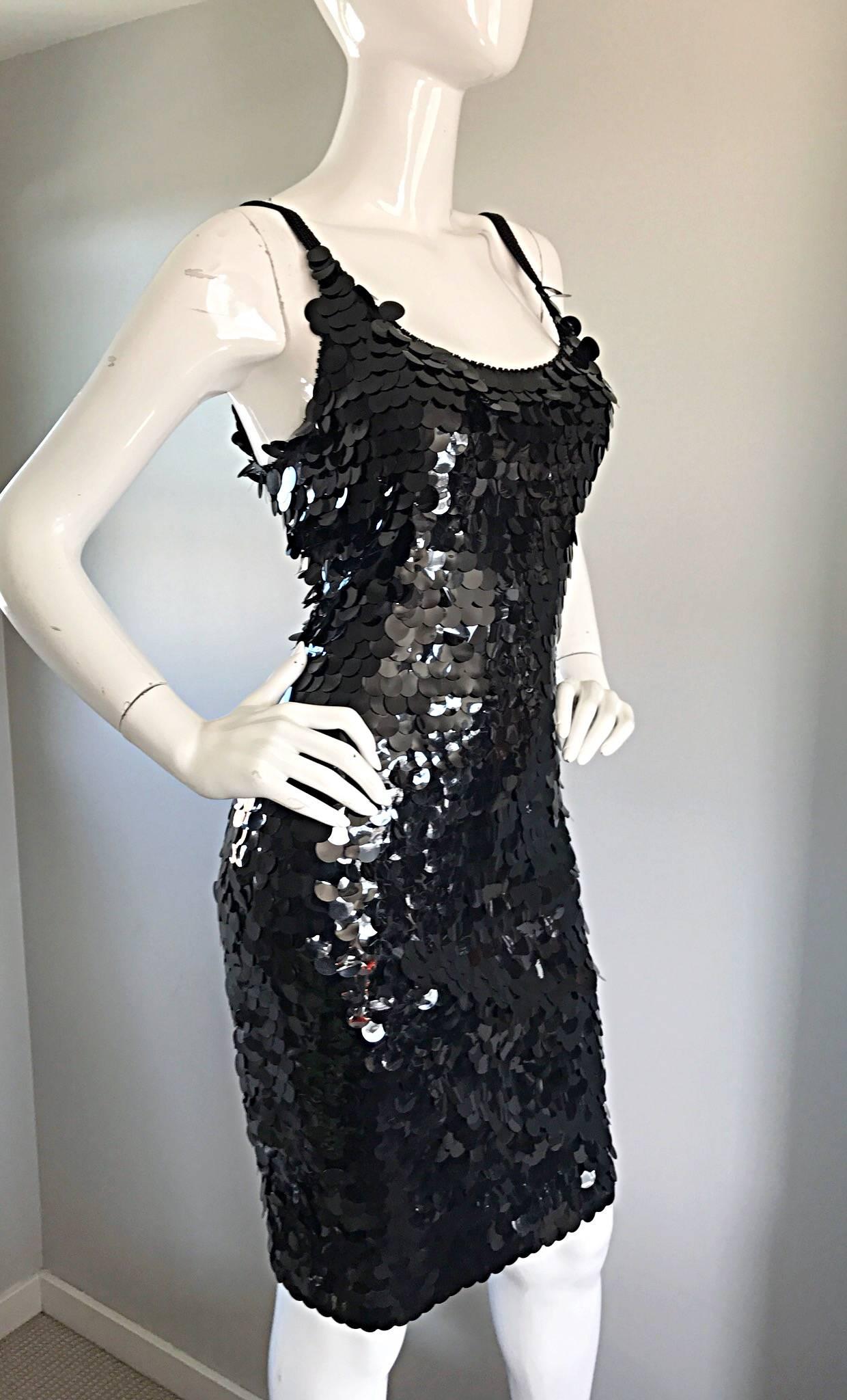 Women's Vintage Saks Fifth Avenue Sz 8 Black Pailletes Sequined Beaded 90s Bodycon Dress For Sale