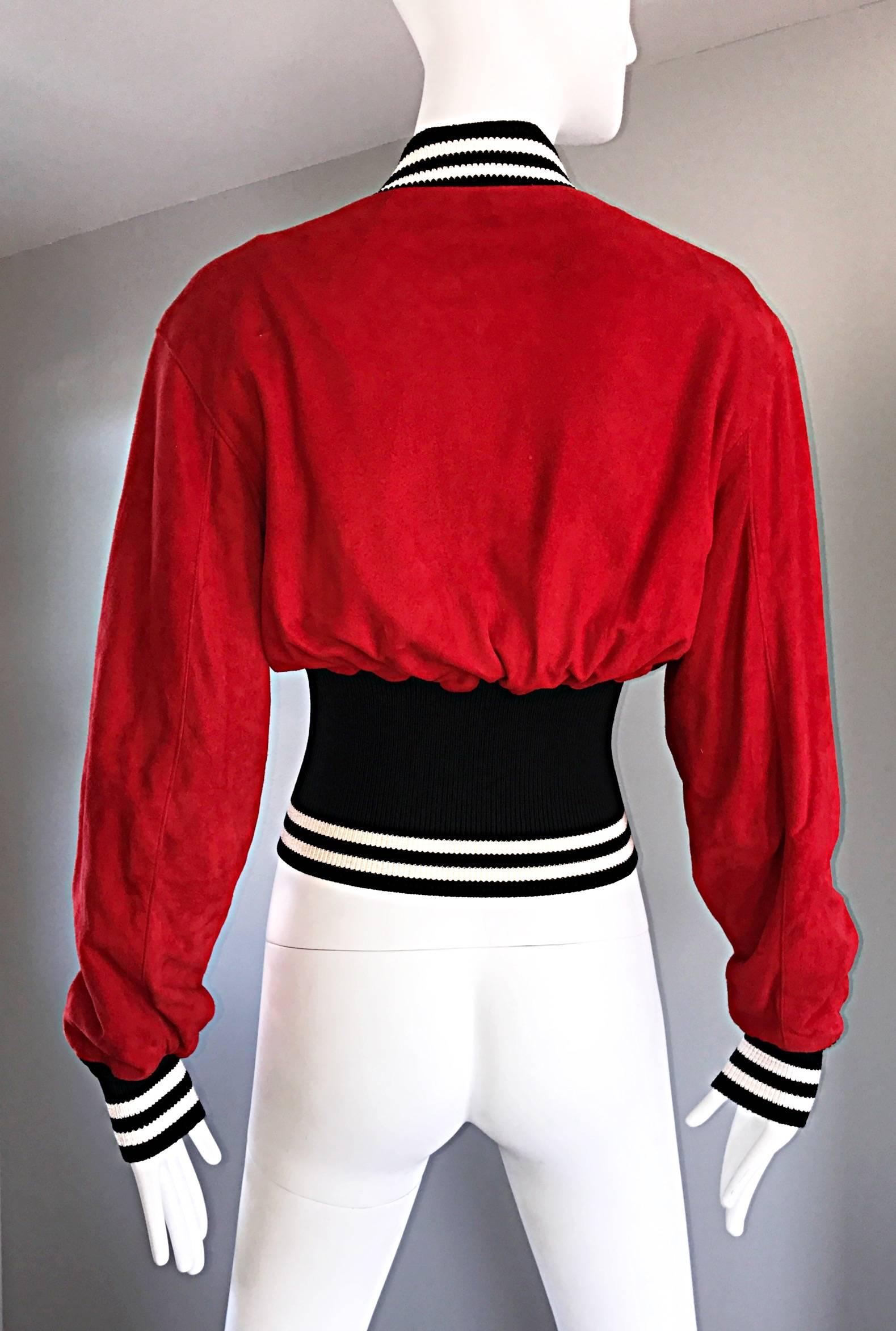 Rare Vintage Byron Lars 1990s Red Leather Suede Varsity 90s ' Zipper ' Jacket In Excellent Condition In San Diego, CA
