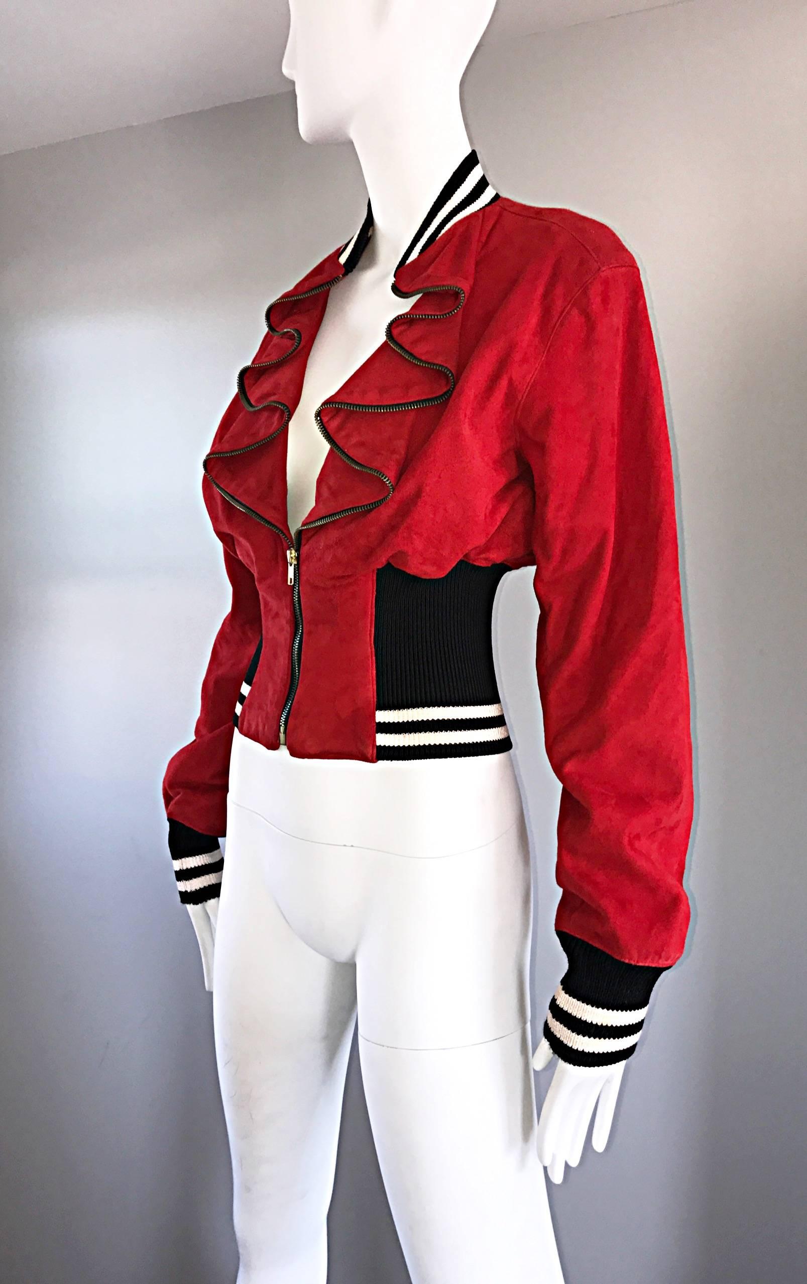 Women's Rare Vintage Byron Lars 1990s Red Leather Suede Varsity 90s ' Zipper ' Jacket