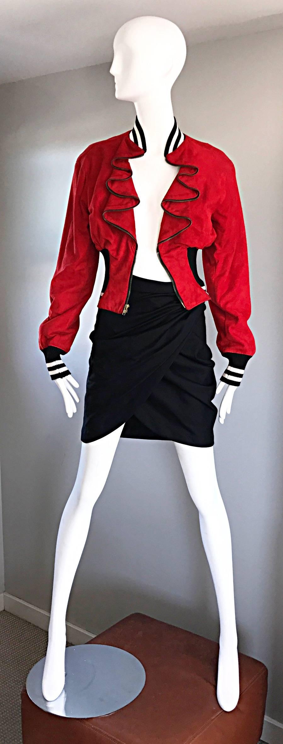 Rare Vintage Byron Lars 1990s Red Leather Suede Varsity 90s ' Zipper ' Jacket 1
