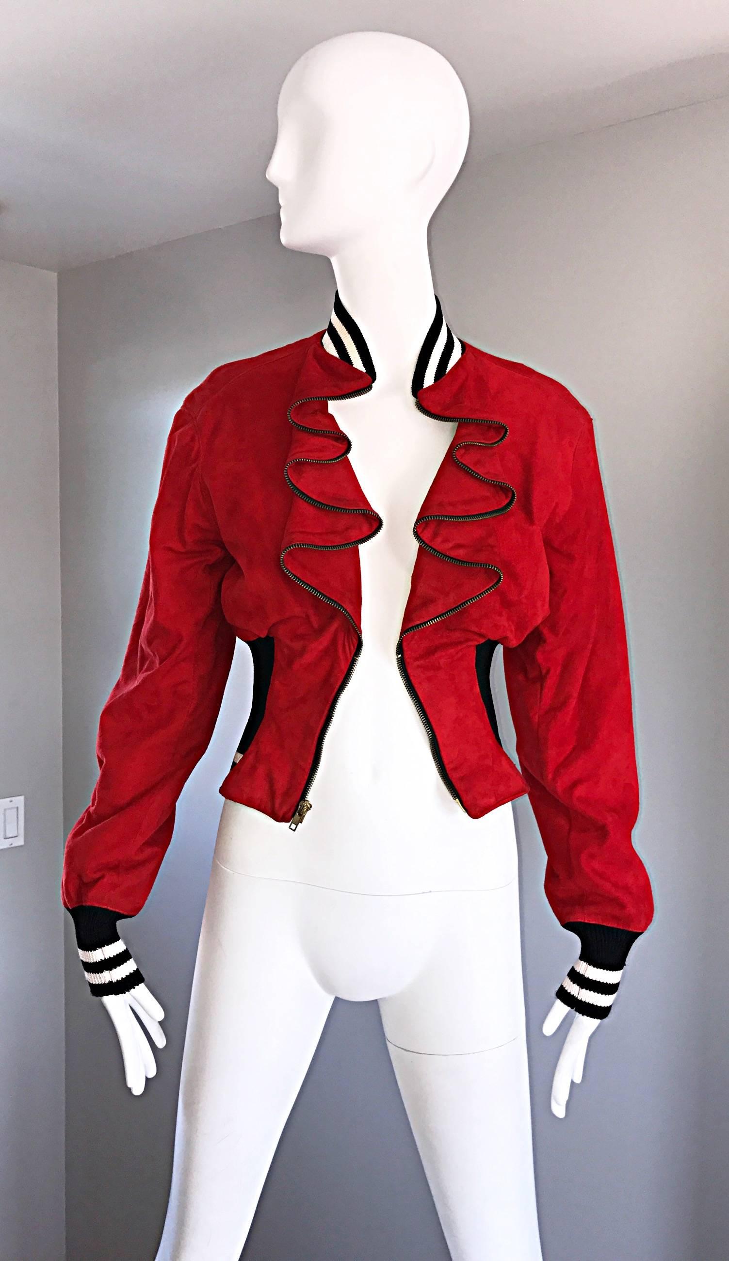 Rare Vintage Byron Lars 1990s Red Leather Suede Varsity 90s ' Zipper ' Jacket 2