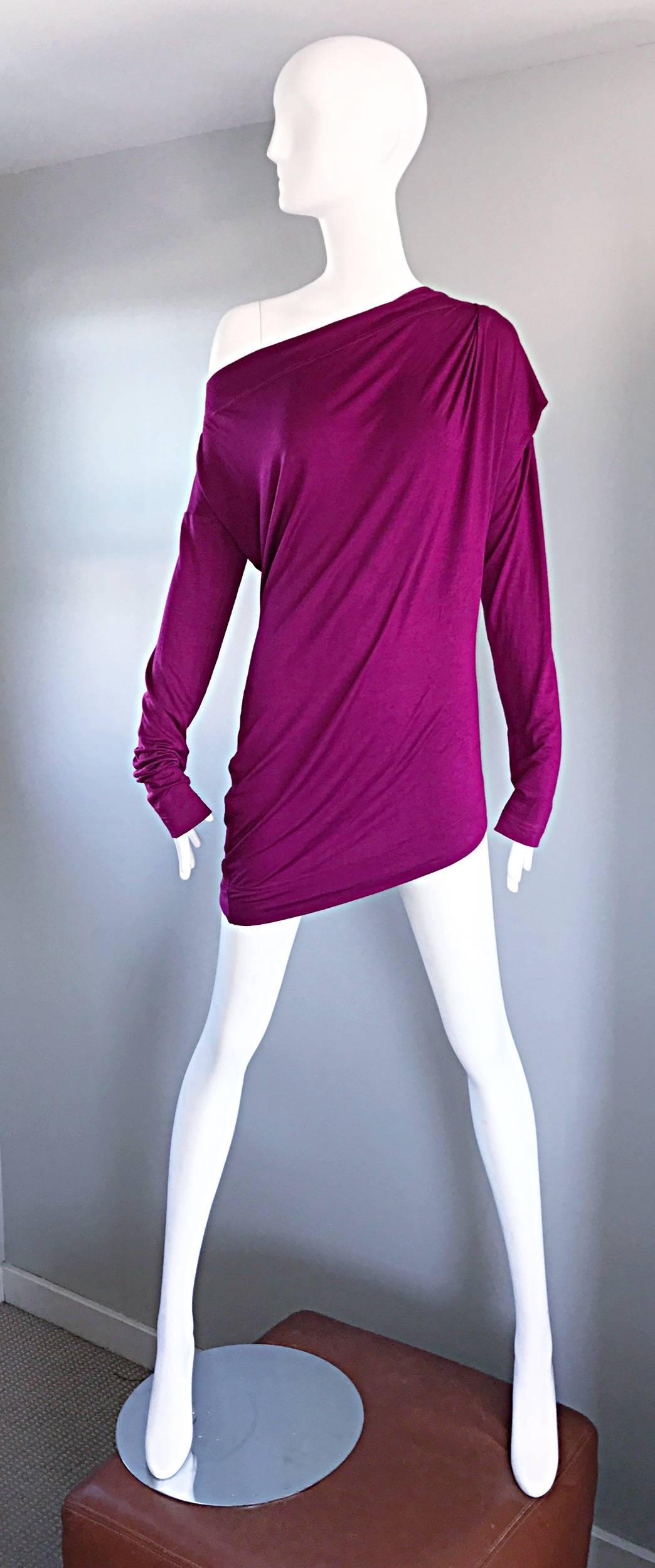 Sexy vintage VIVIENNE WESTWOOD magenta pink Grecian styles off-the-shoulder tunic top, or mini dress! Features intricate draping details throughout. Can be worn multiple ways (see photos). Can also be worn as a daring mini dress, or with leggings,