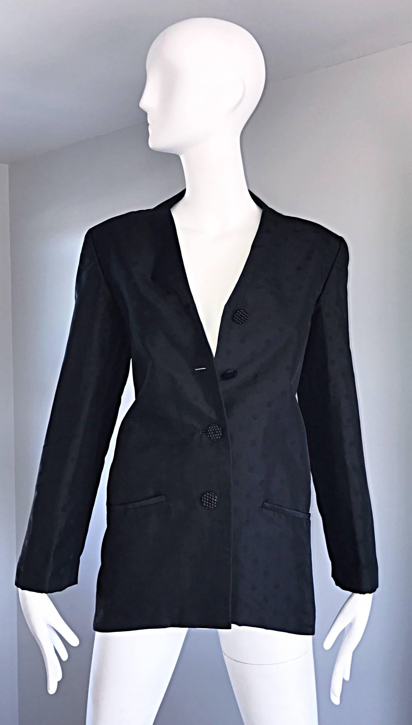 Geoffrey Beene Vintage Black Polka Dots 1990s 90s Classic Silk Jacket Blazer For Sale 2