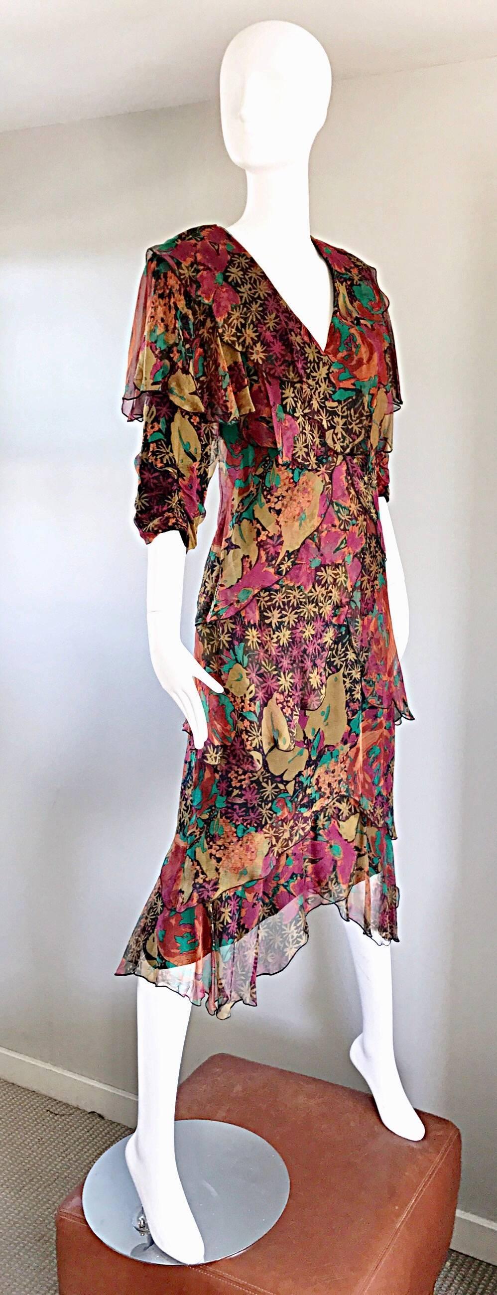 Holly’s Harp Incredible Vintage Size Large Boho Silk Chiffon Floral Dress In Excellent Condition In San Diego, CA