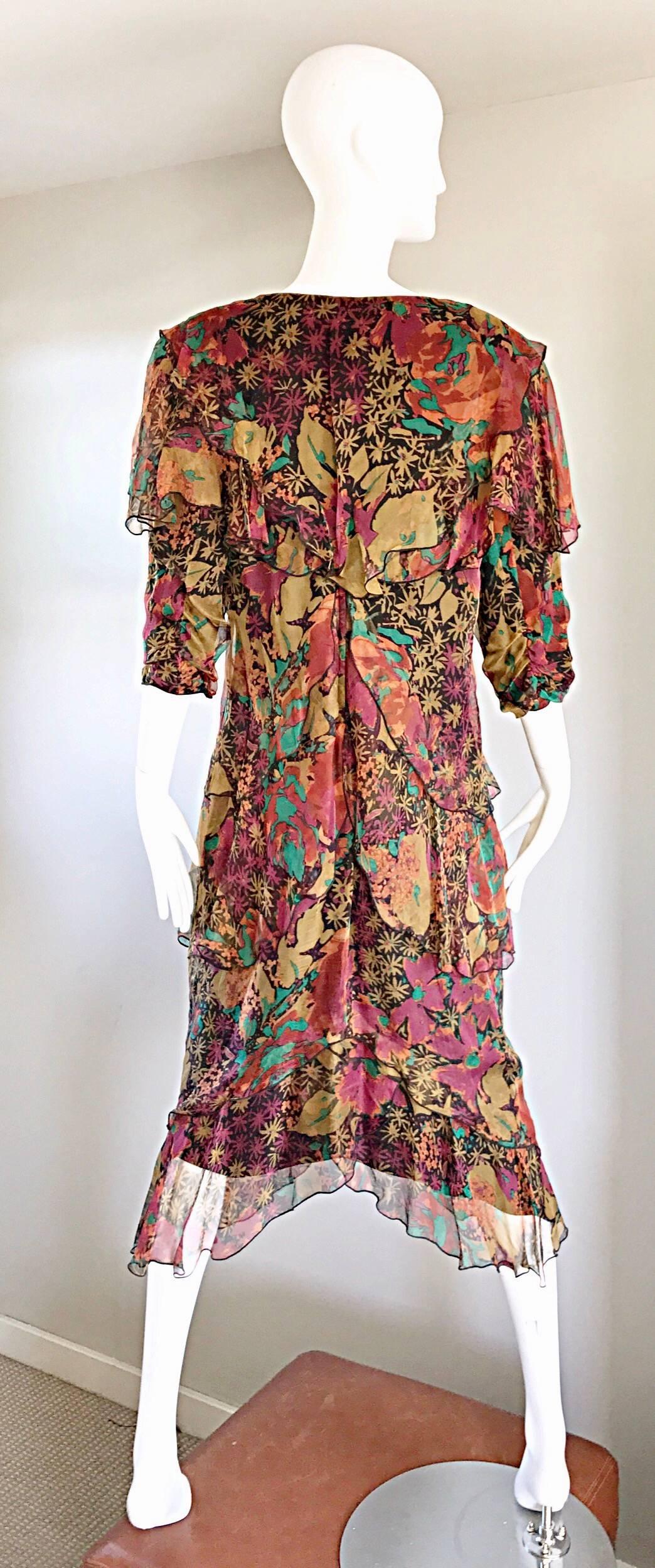 Women's Holly’s Harp Incredible Vintage Size Large Boho Silk Chiffon Floral Dress