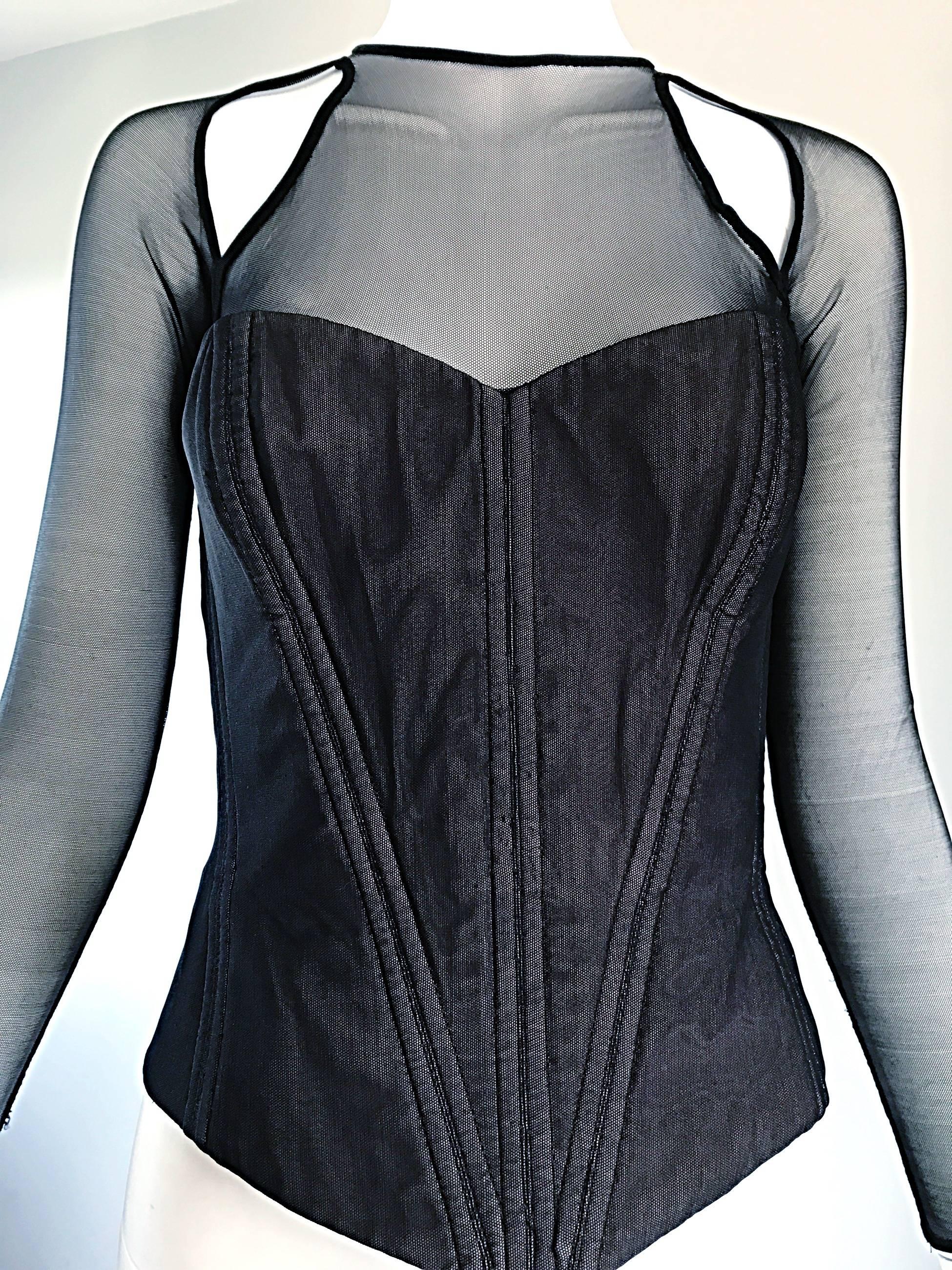 Vintage Vicky Tiel Couture 1980s Black Cut Out Silk Moire Bustier Corset Top 80s In Excellent Condition In San Diego, CA