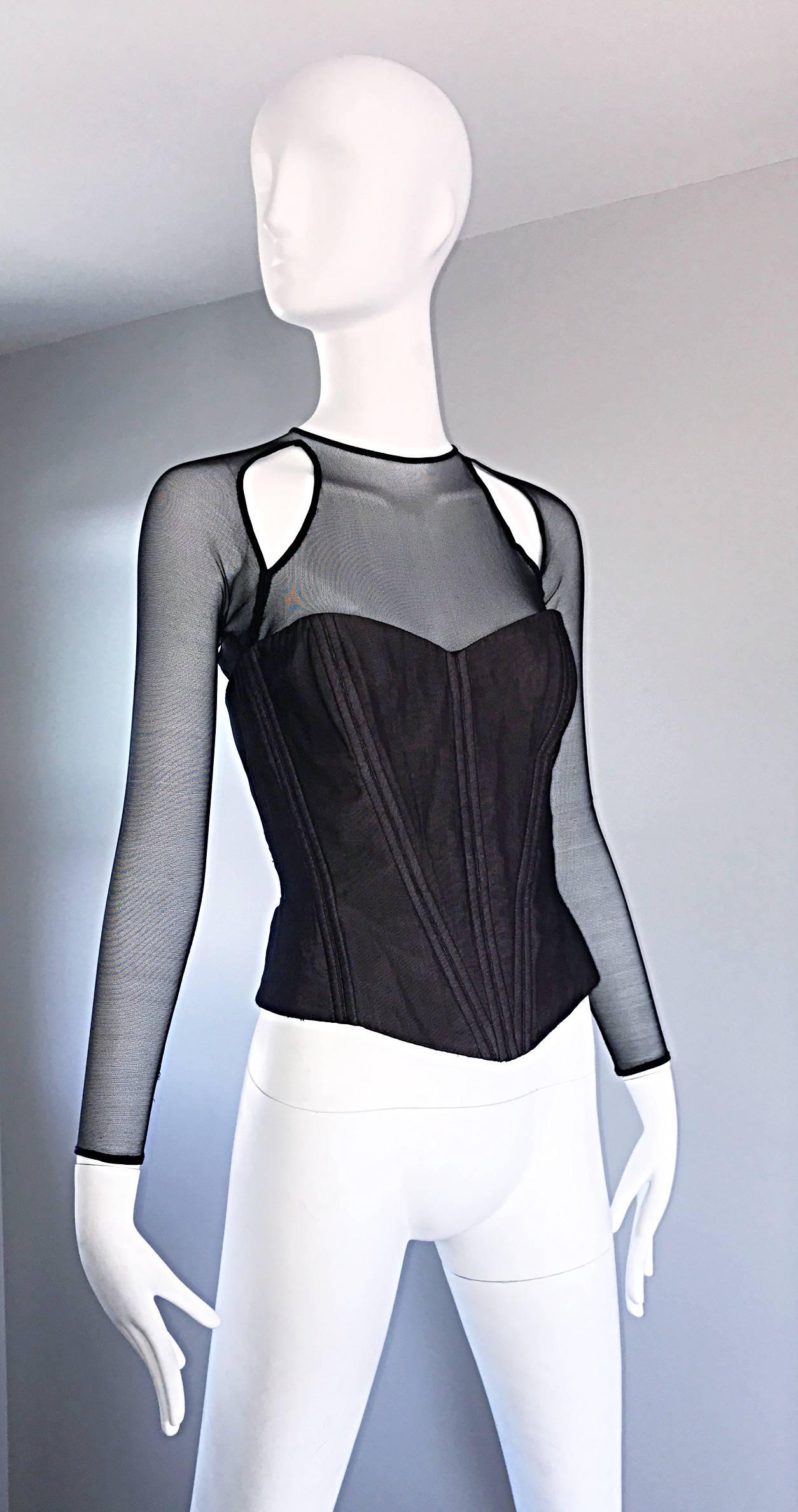 Women's Vintage Vicky Tiel Couture 1980s Black Cut Out Silk Moire Bustier Corset Top 80s