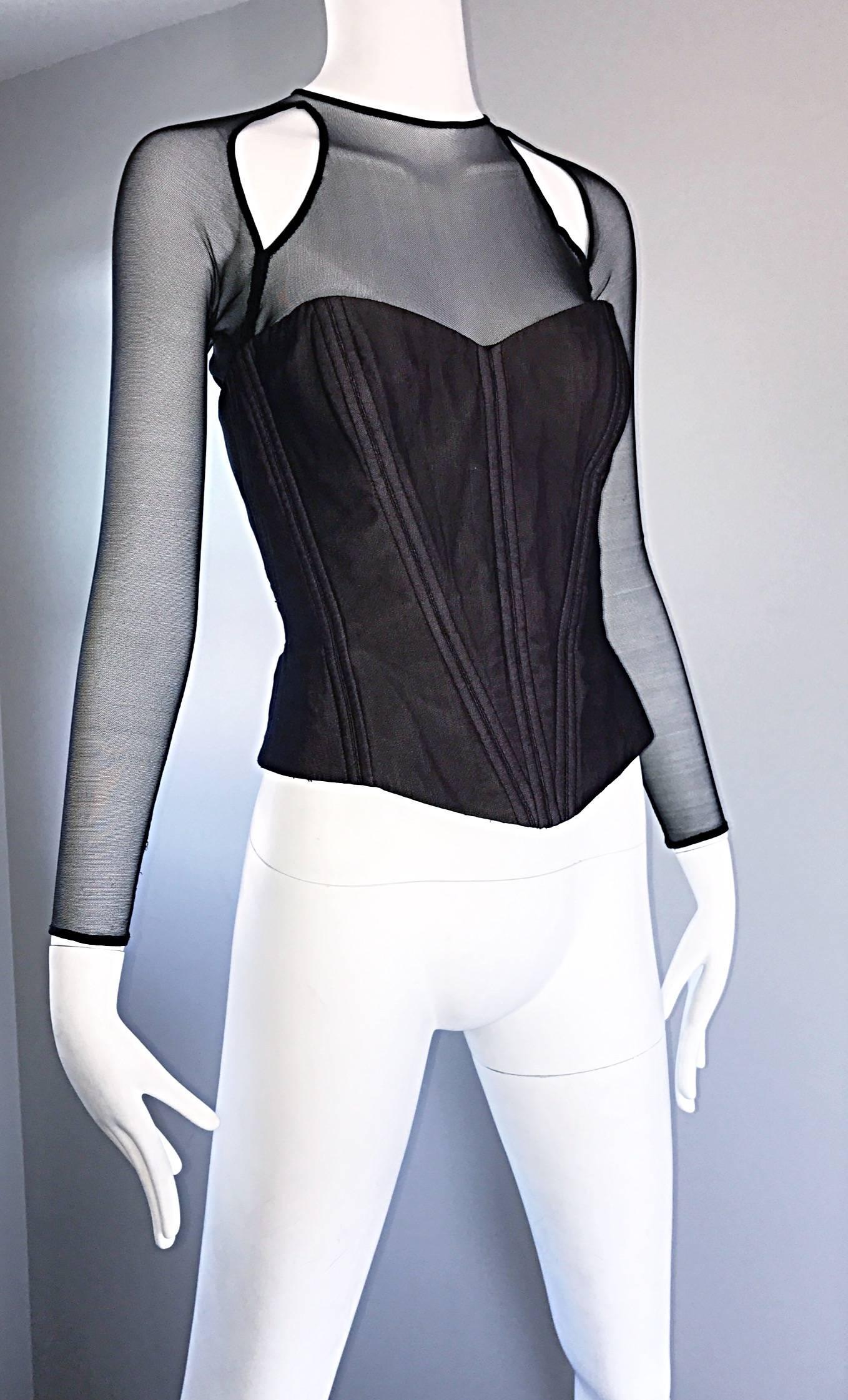 Vintage Vicky Tiel Couture 1980s Black Cut Out Silk Moire Bustier Corset Top 80s 2