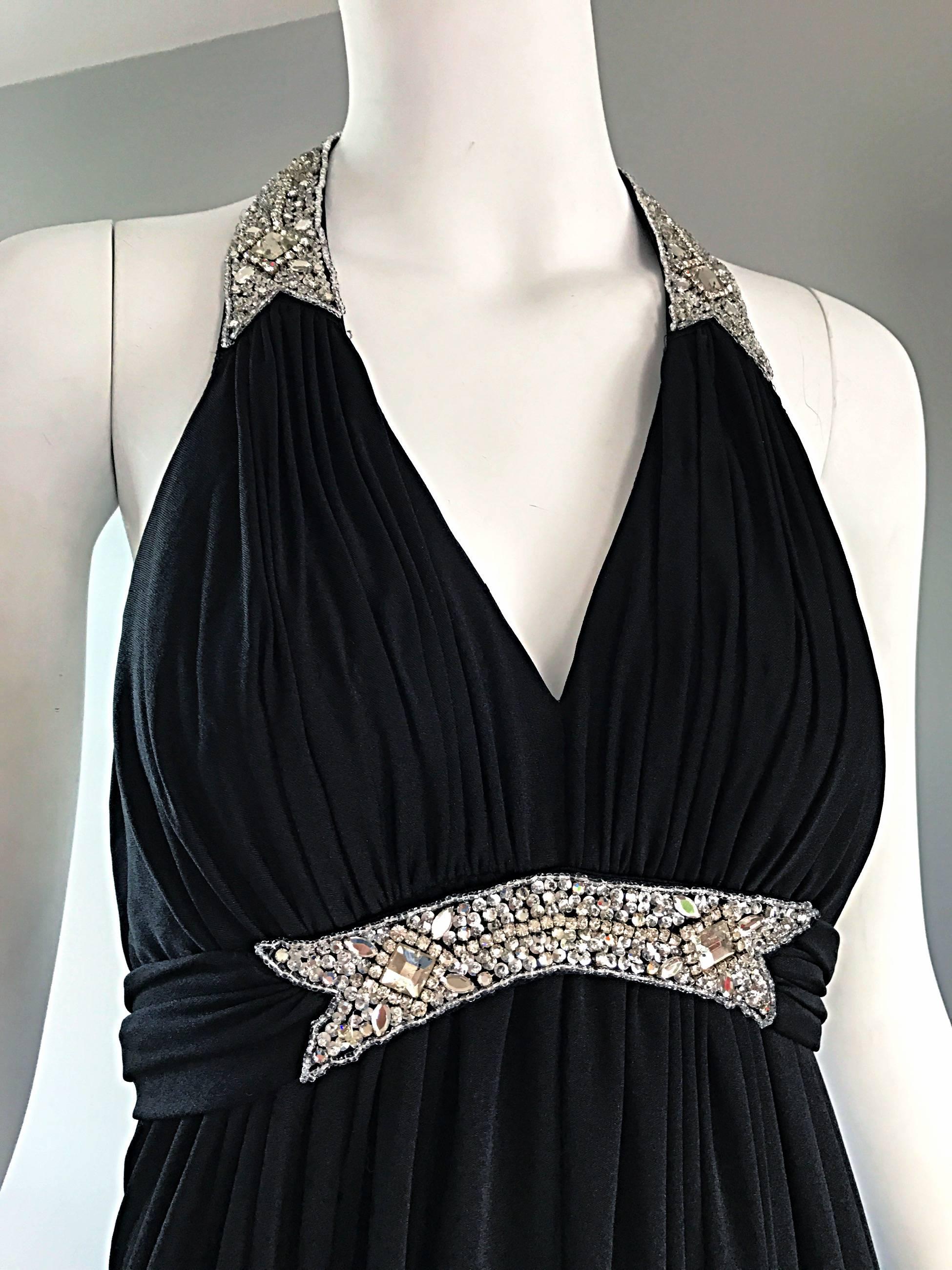 1970s Victoria Royal Black Jersey Rhinestone Encrusted 70s Grecian Halter Gown  In Excellent Condition For Sale In San Diego, CA