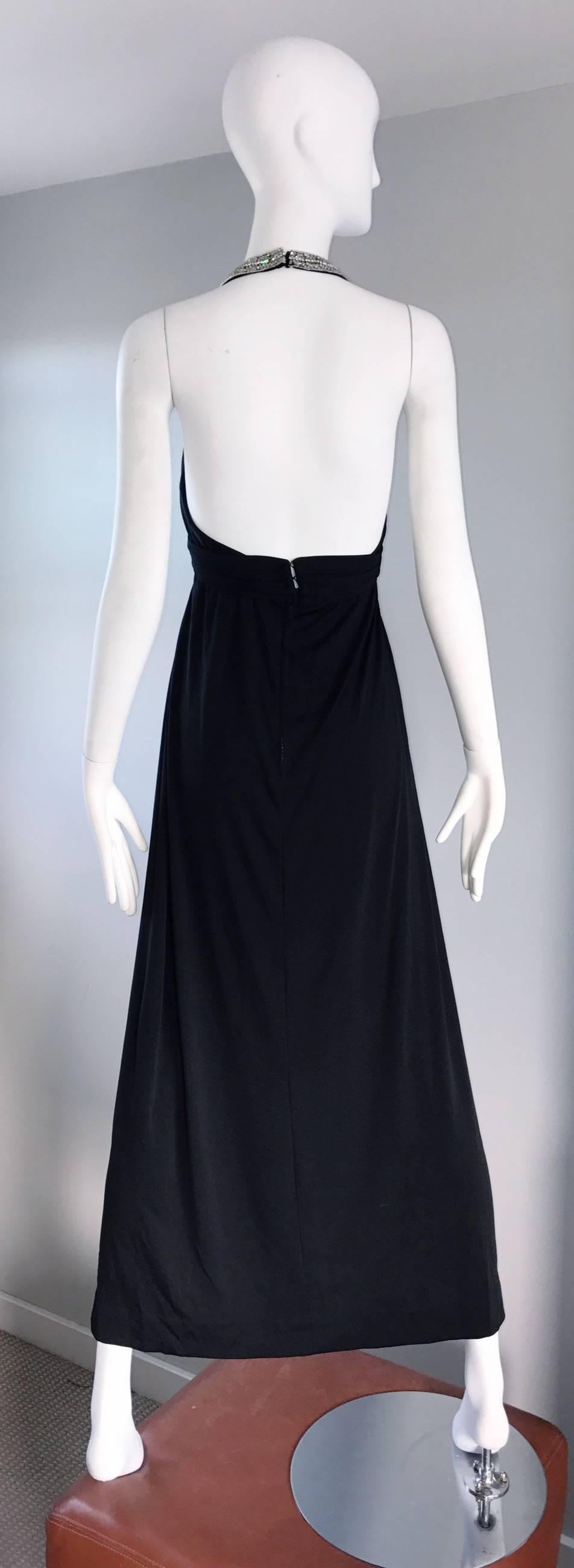 1970s Victoria Royal Black Jersey Rhinestone Encrusted 70s Grecian Halter Gown  For Sale 1