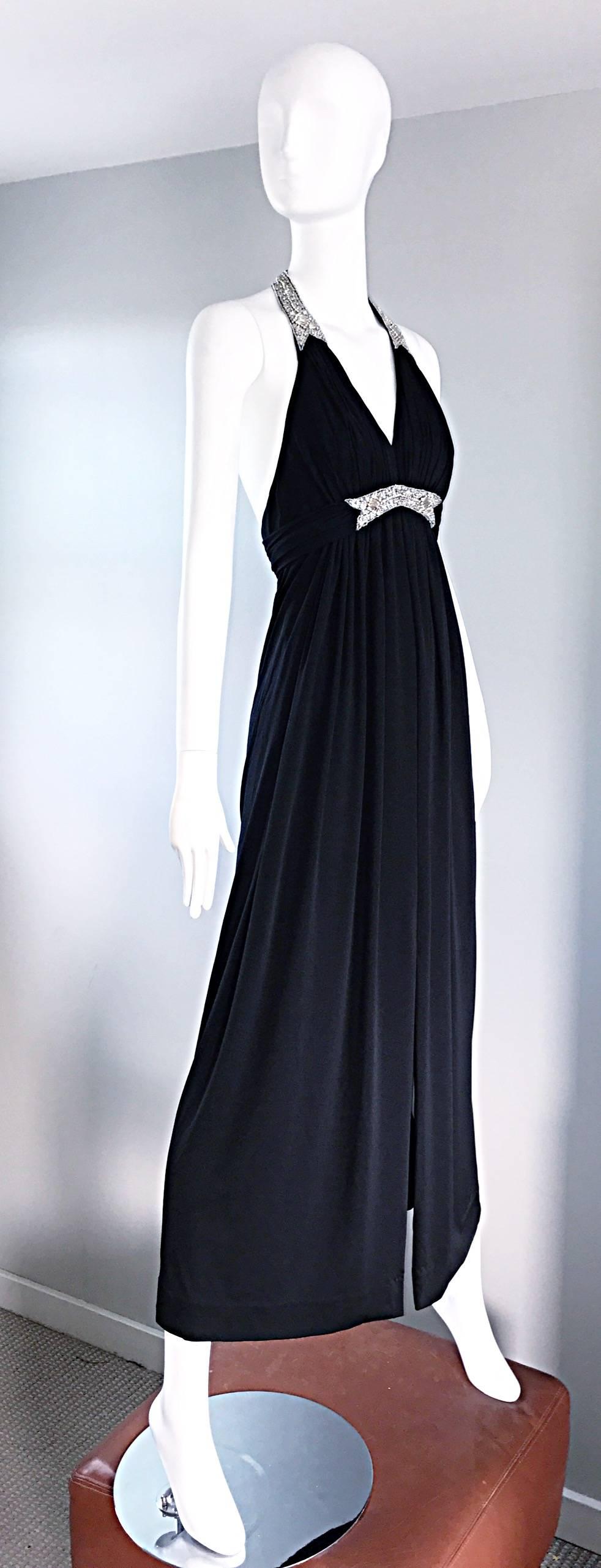 1970s Victoria Royal Black Jersey Rhinestone Encrusted 70s Grecian Halter Gown For Sale 2