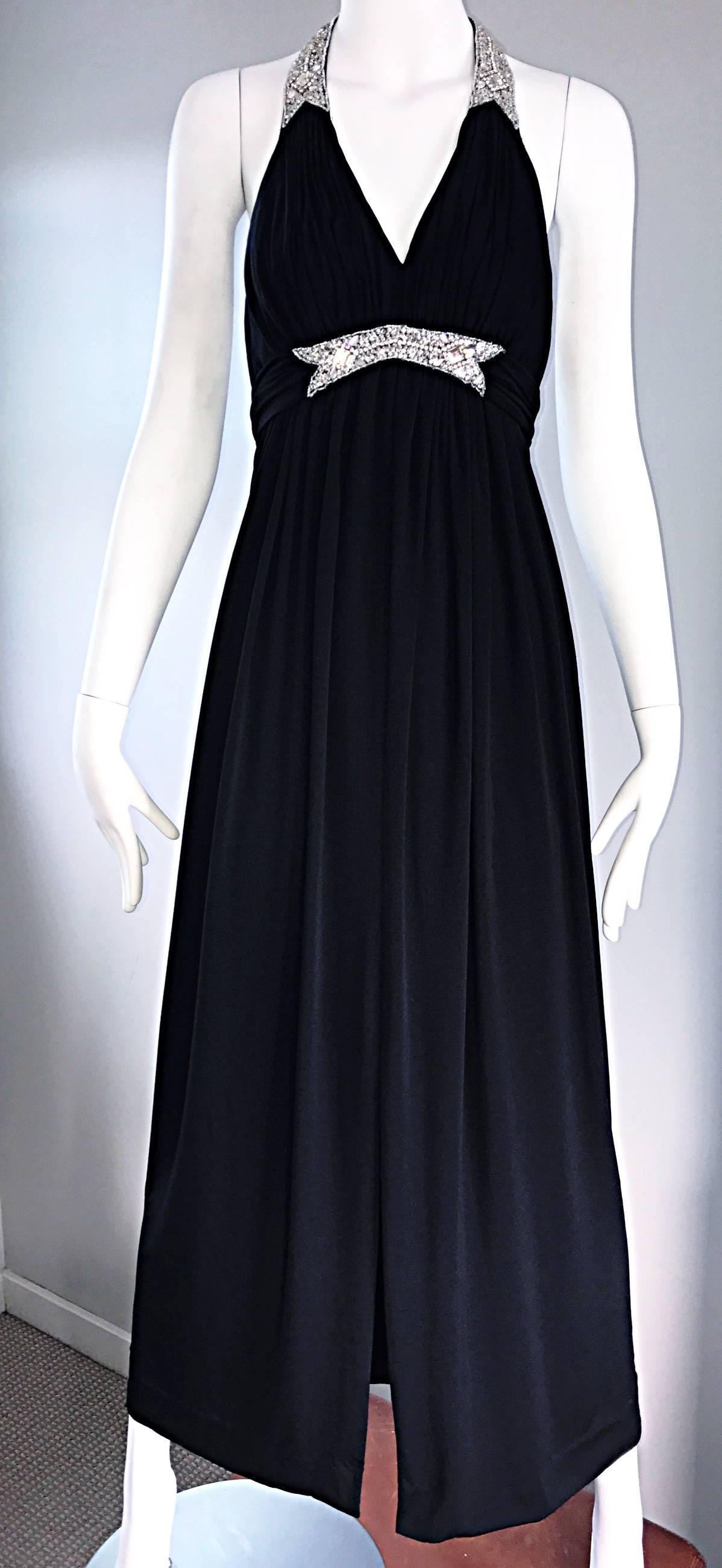 1970s Victoria Royal Black Jersey Rhinestone Encrusted 70s Grecian Halter Gown  For Sale 3