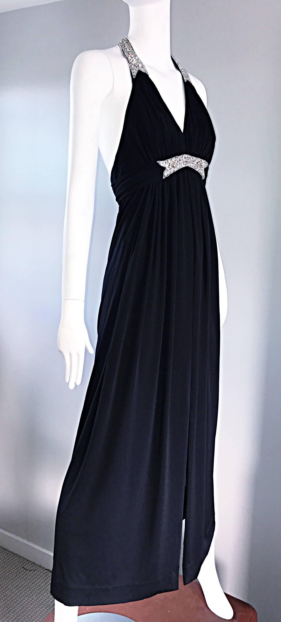 1970s Victoria Royal Black Jersey Rhinestone Encrusted 70s Grecian Halter Gown  For Sale 4
