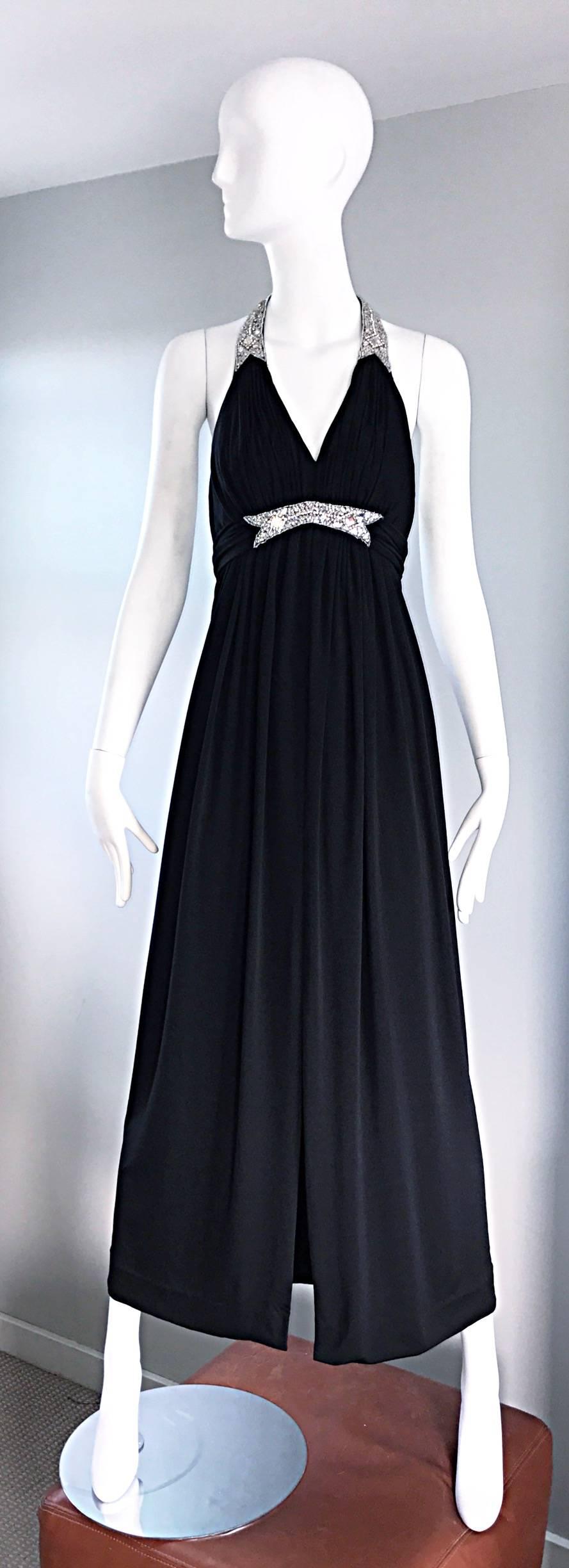 1970s Victoria Royal Black Jersey Rhinestone Encrusted 70s Grecian Halter Gown  For Sale 5