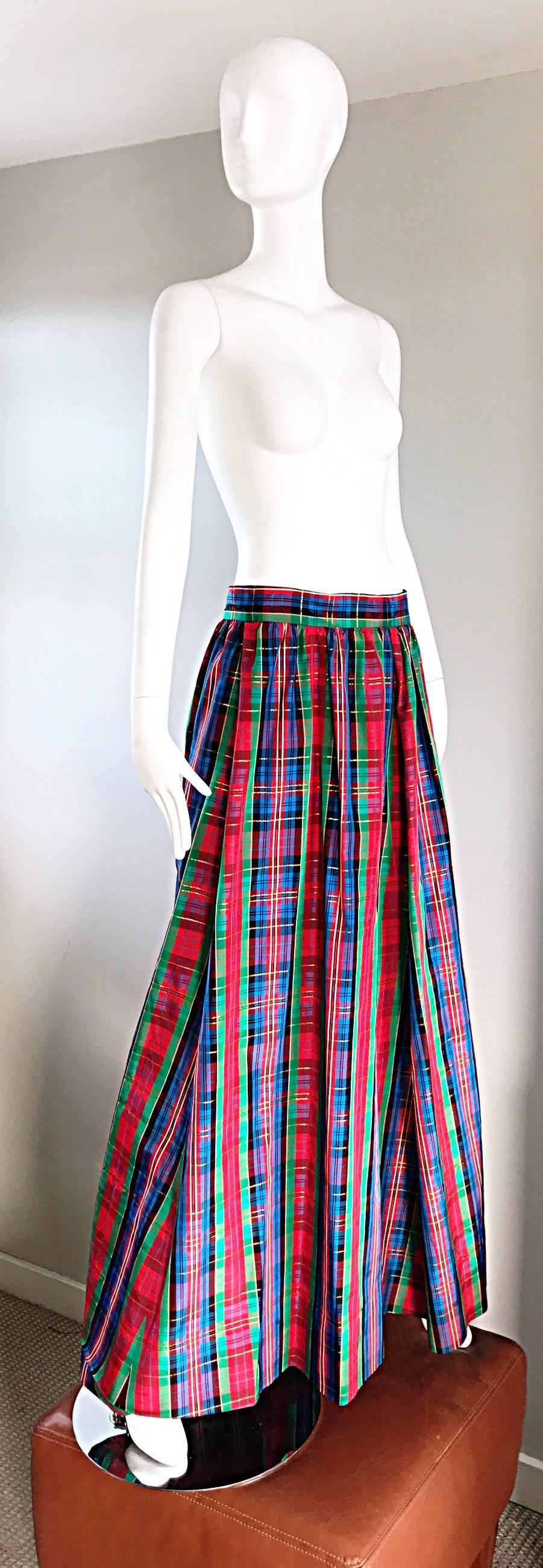 Black Chic 1960s Tartan Plaid Vintage 60s Taffeta Red + Green + Blue Long Full Skirt