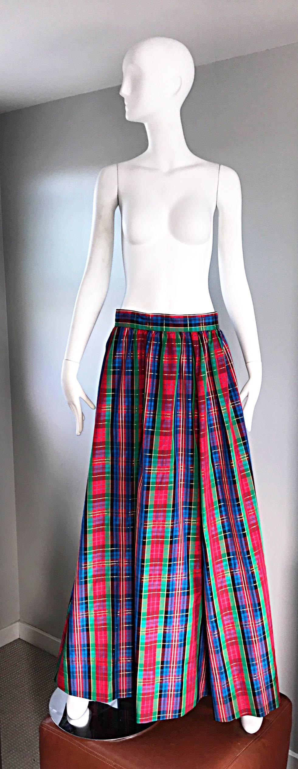 Women's Chic 1960s Tartan Plaid Vintage 60s Taffeta Red + Green + Blue Long Full Skirt