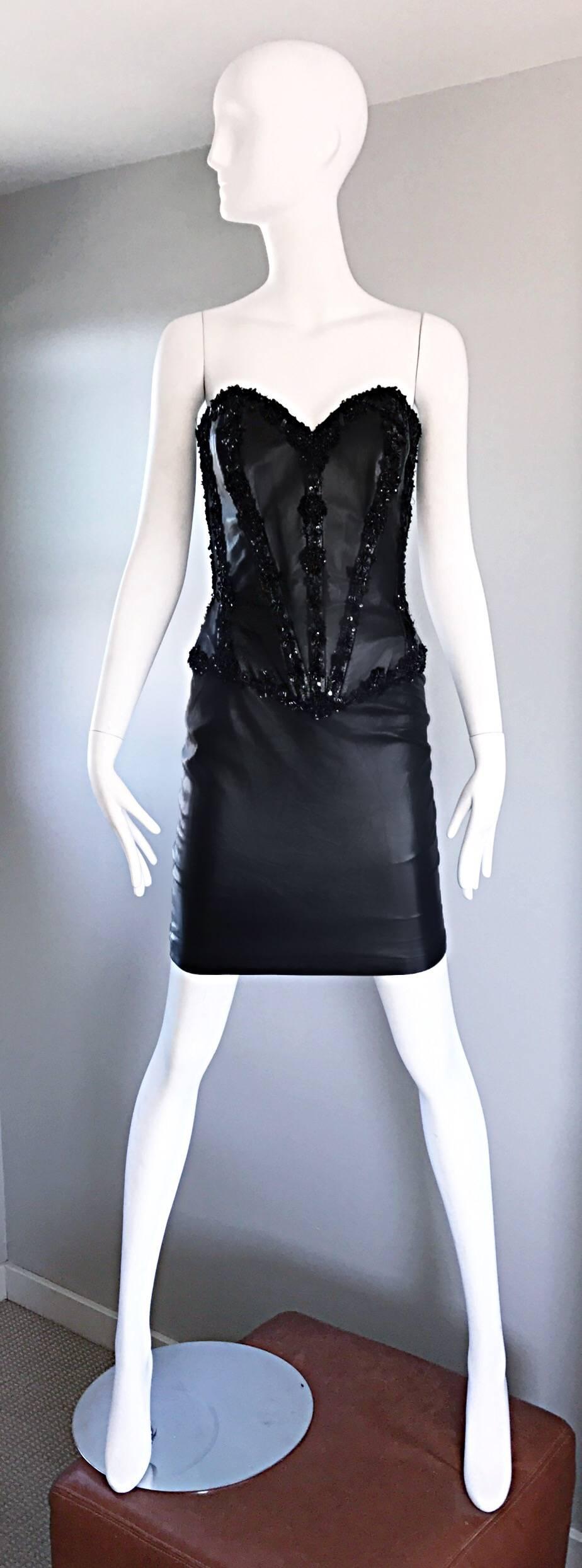 Sexy vintage VICKY TIEL COUTURE for Neiman Marcus 1990s 90s black lambskin leather Bodycon strapless bustier/corset dress! Fitted boned leather bodice, with hand-sewn sequined and beaded panels throughout the front and back. Haute couture