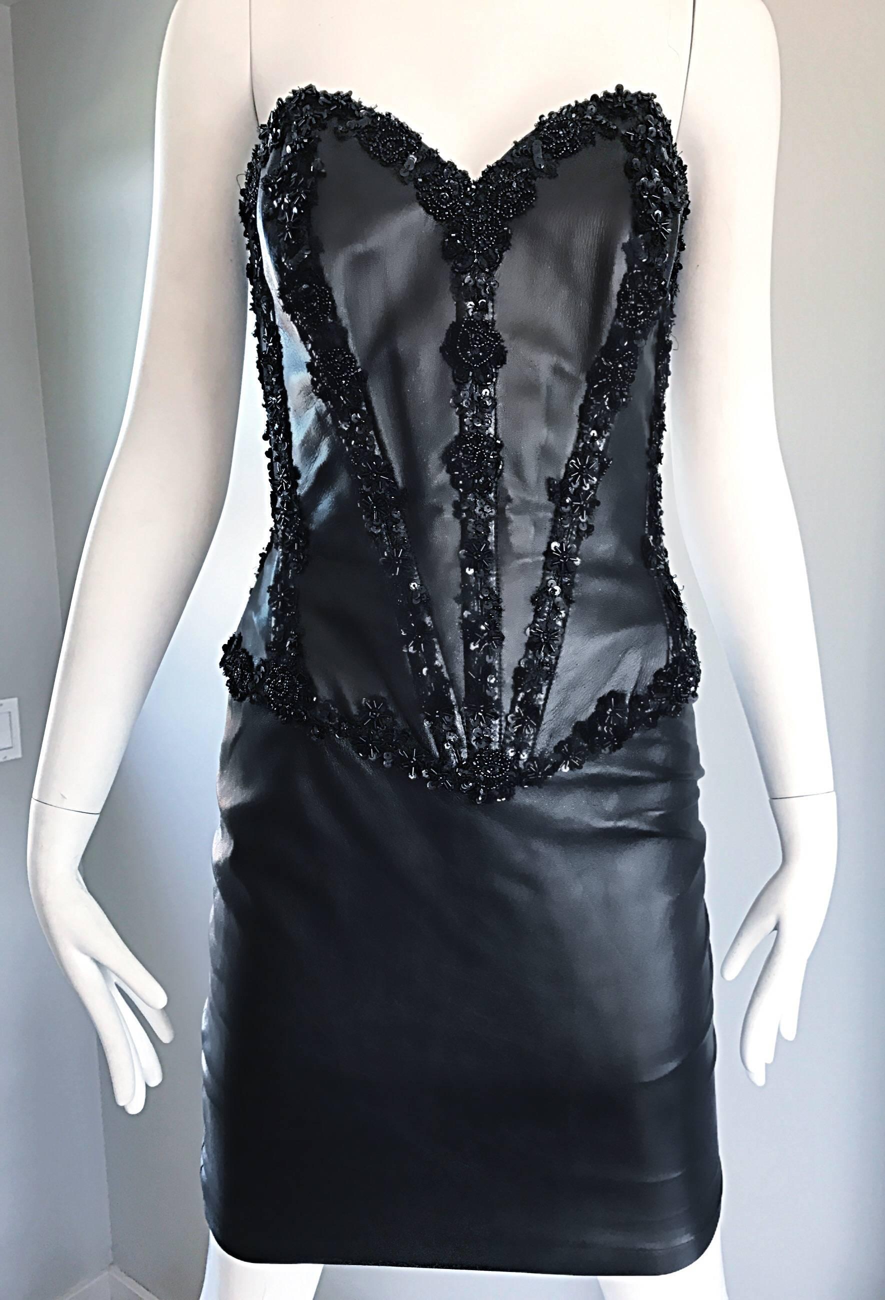 Rare Vintage Vicky Tiel Couture Leather Black Bustier Corset Sequin Beaded Dress In Excellent Condition In San Diego, CA