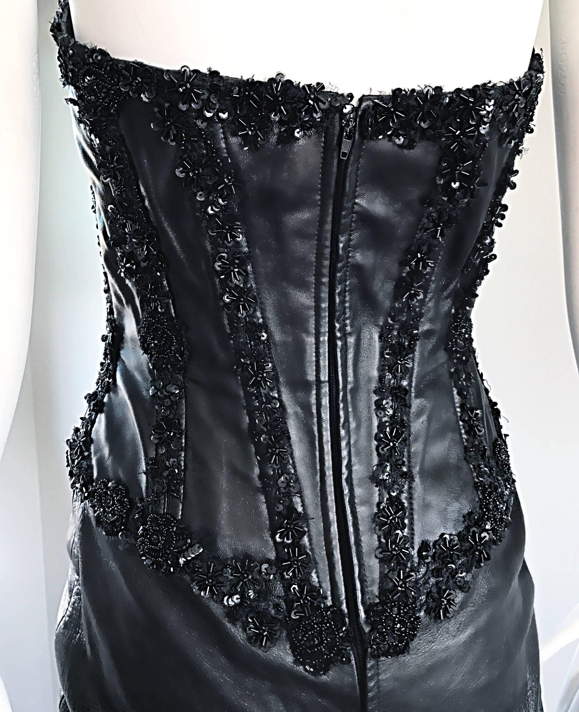 Rare Vintage Vicky Tiel Couture Leather Black Bustier Corset Sequin Beaded Dress 1