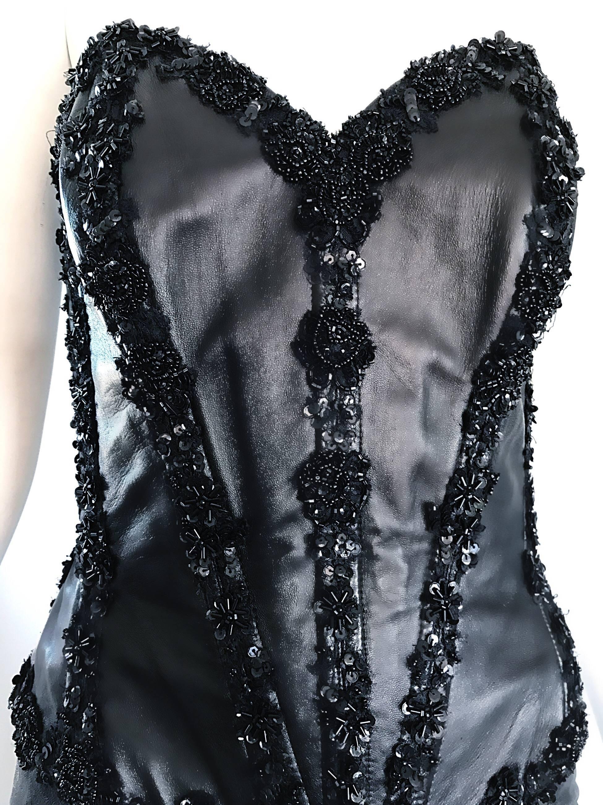Rare Vintage Vicky Tiel Couture Leather Black Bustier Corset Sequin Beaded Dress 2