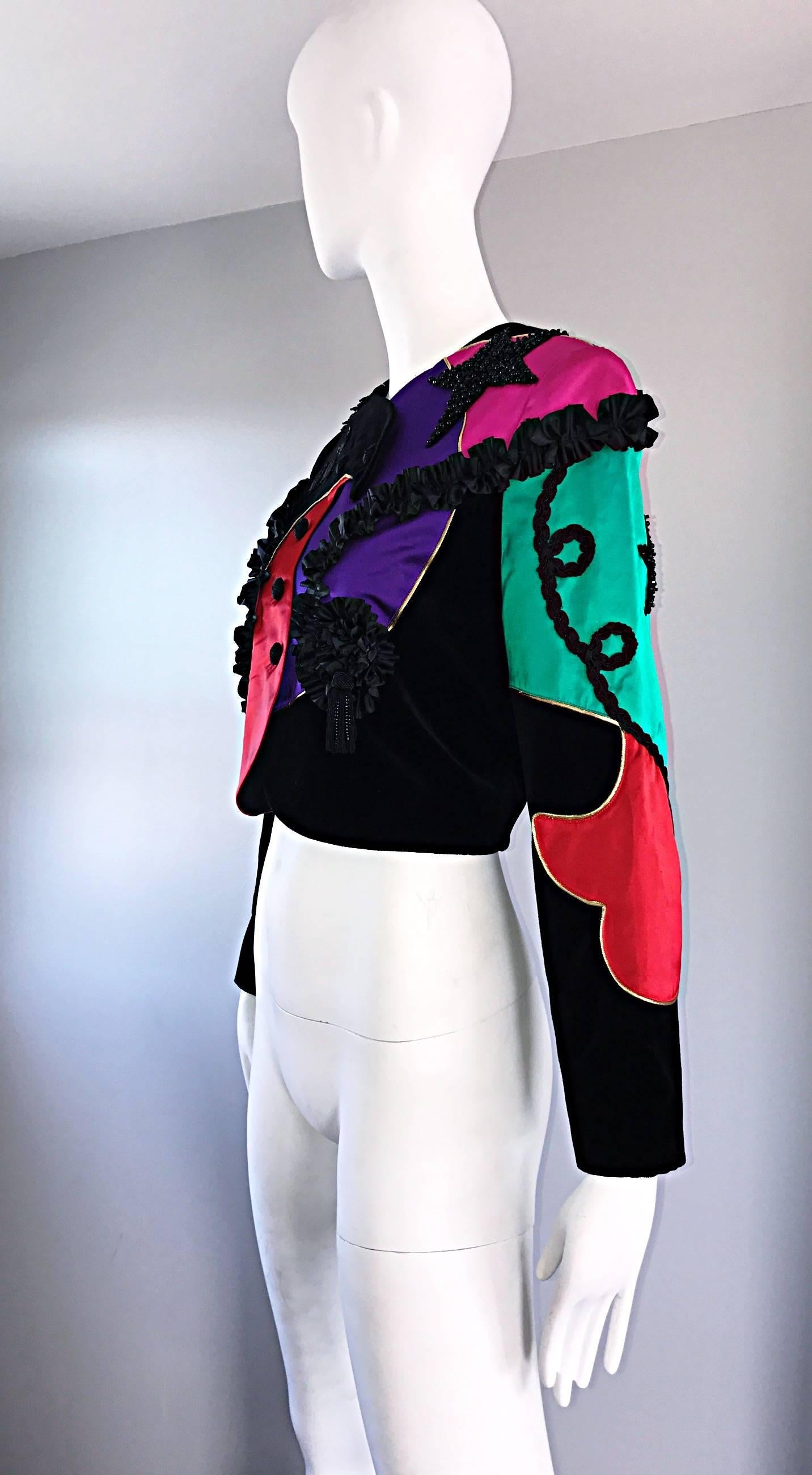 Black Rare Vintage Louis Feraud ' Matador ' Cropped Sequined Circus Jacket Bolero  
