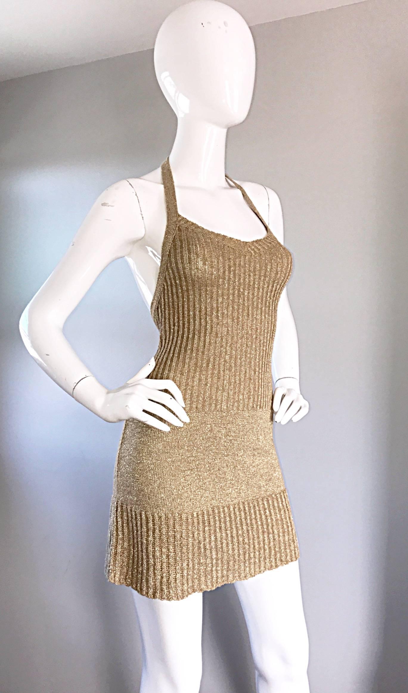 Brown Vintage Moschino Cheap and Chic 1990s Gold Metallic Halter Neck Sweater Dress 