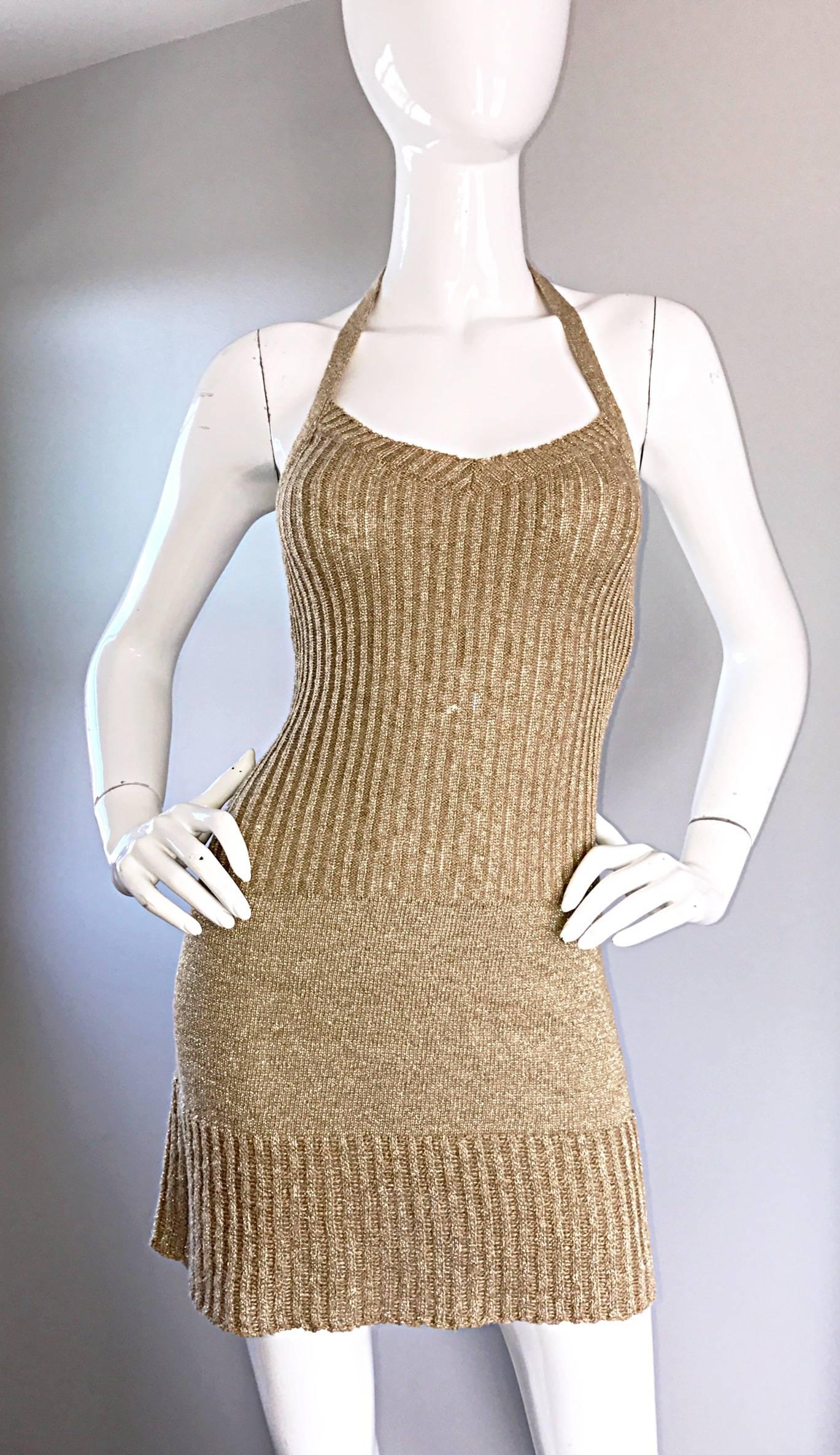 Vintage Moschino Cheap and Chic 1990s Gold Metallic Halter Neck Sweater Dress  In Excellent Condition In San Diego, CA