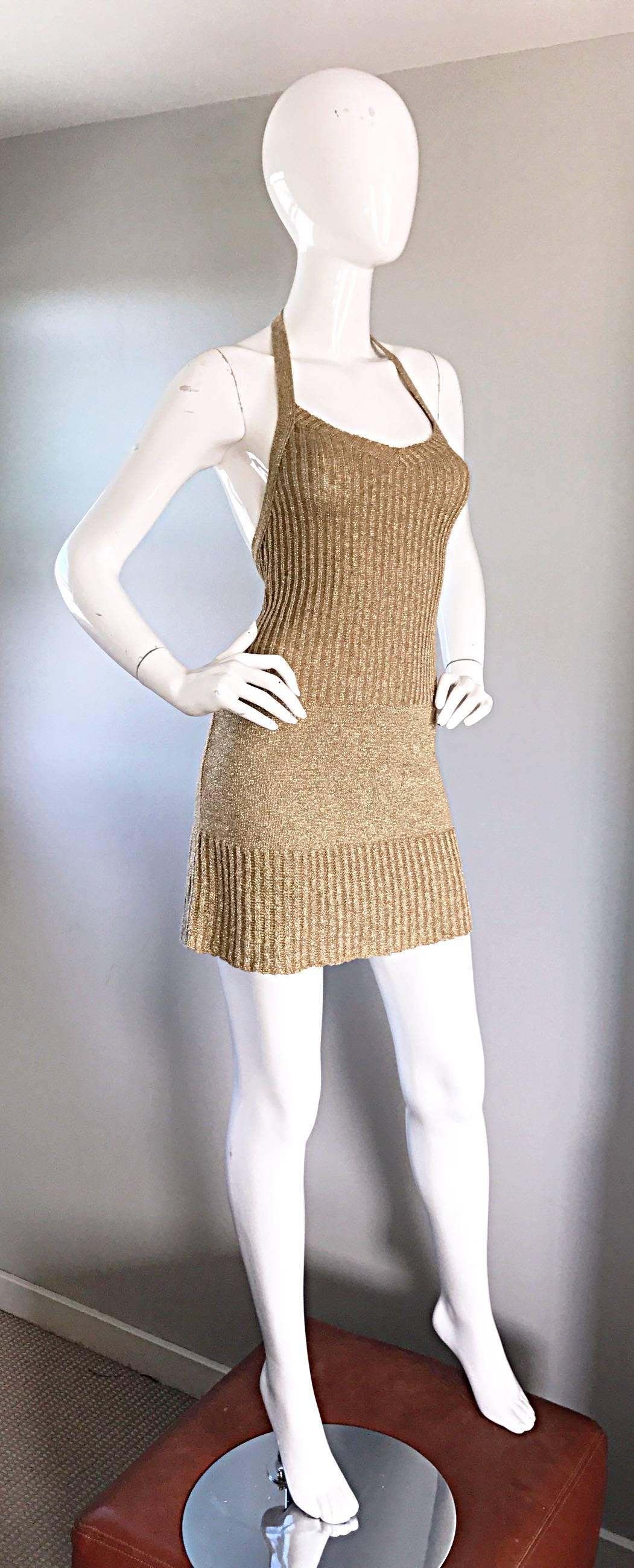 Women's Vintage Moschino Cheap and Chic 1990s Gold Metallic Halter Neck Sweater Dress 