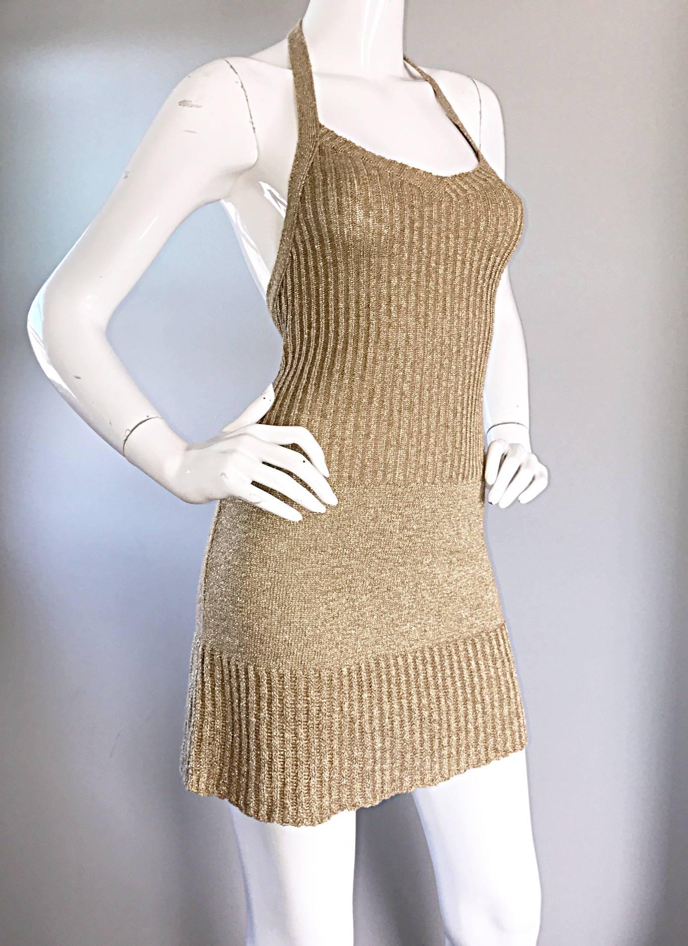 Vintage Moschino Cheap and Chic 1990s Gold Metallic Halter Neck Sweater Dress  2